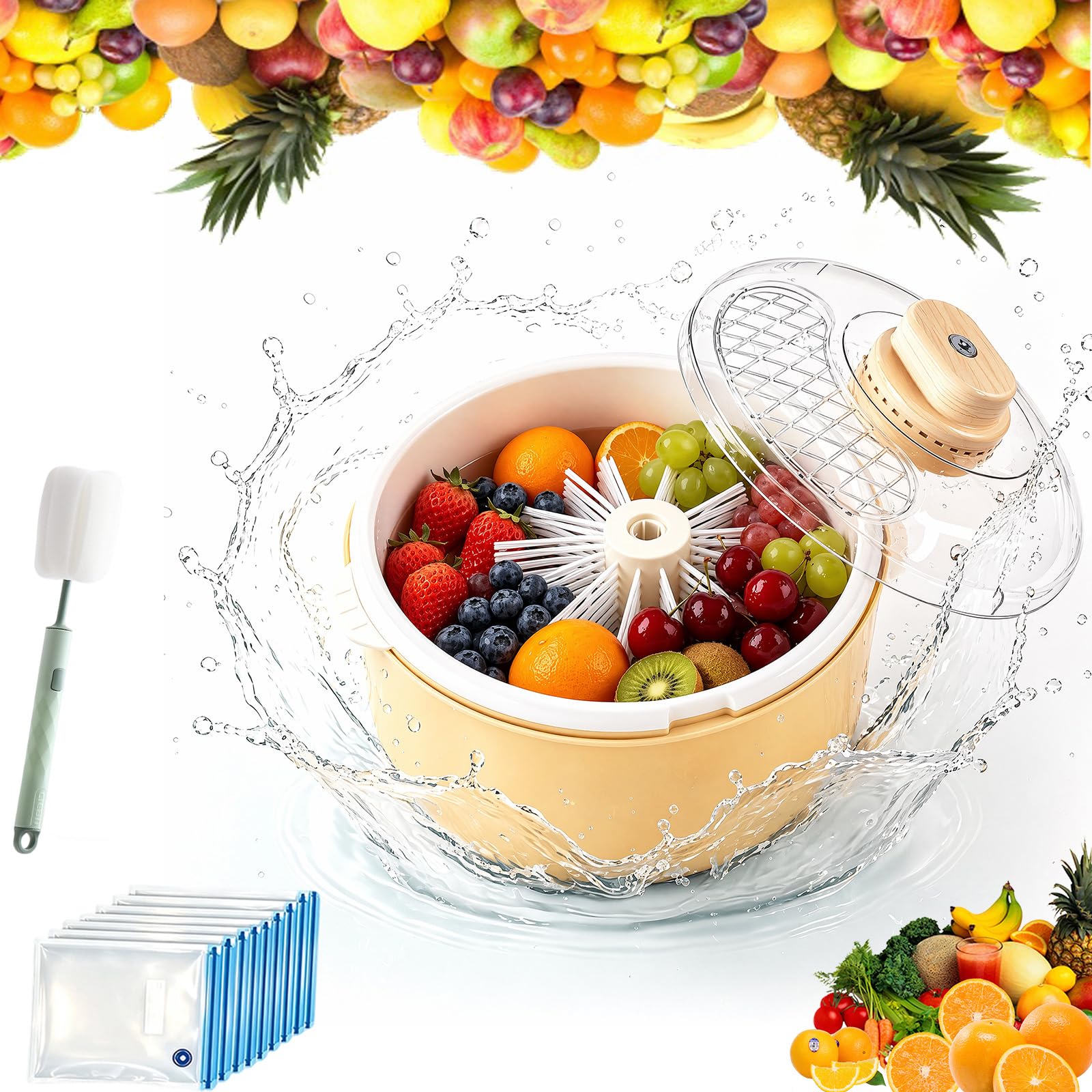 Centrifugadora y escurridor automático de frutas y verduras; lavadora y centrifugadora con cepillo; recipiente eléctrico para lavar y centrifugar frutas; limpiador con base antideslizante (Yellow,1)