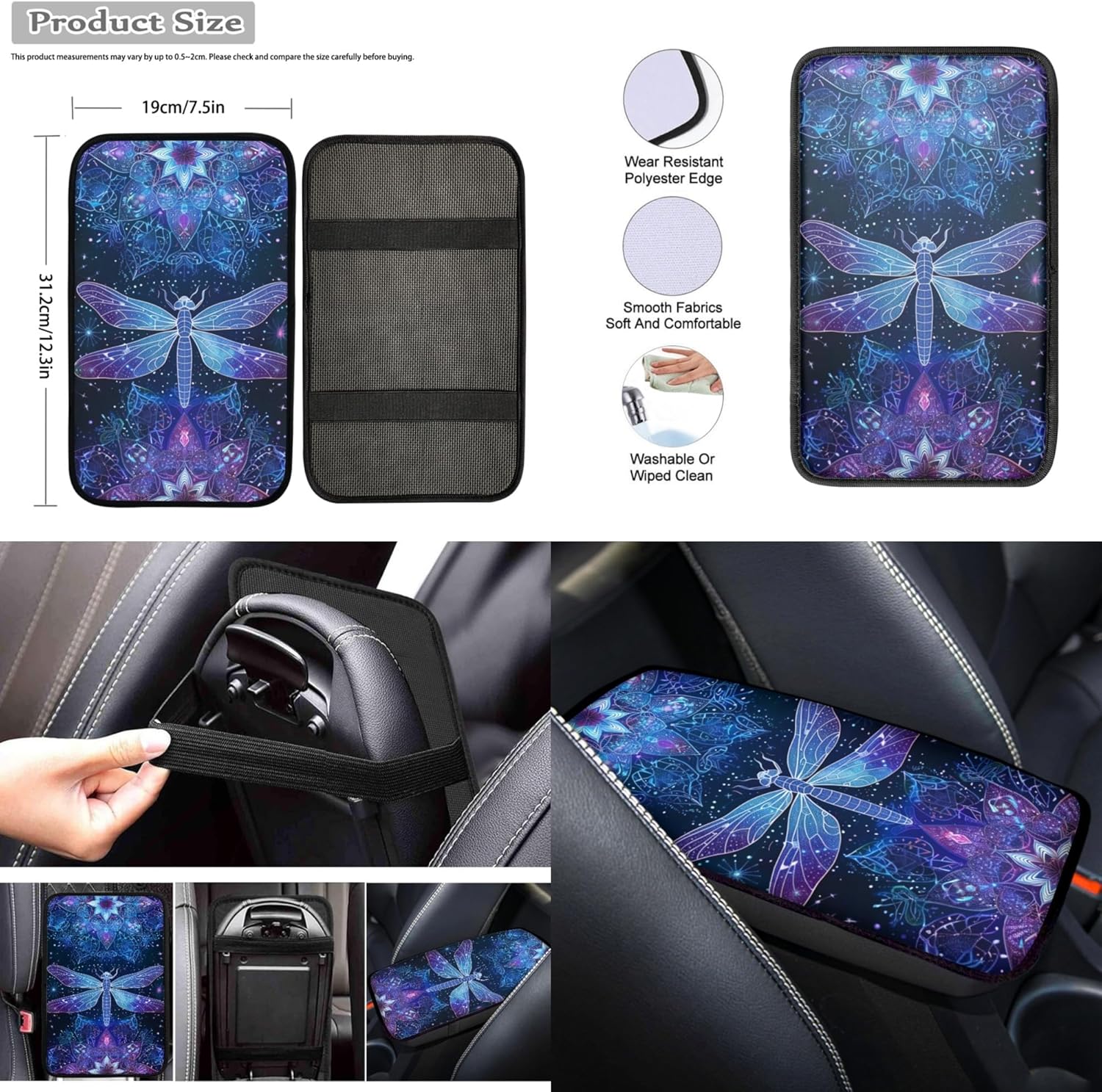Dragonfly Printed Car Seat Covers Full Set, Mandala Flower Print 12 Piece Auto Accessories Set, Front Rear Seat Protector with Steering Wheel Protector Armrest Pads Seat Belt Pad Cup Coasters