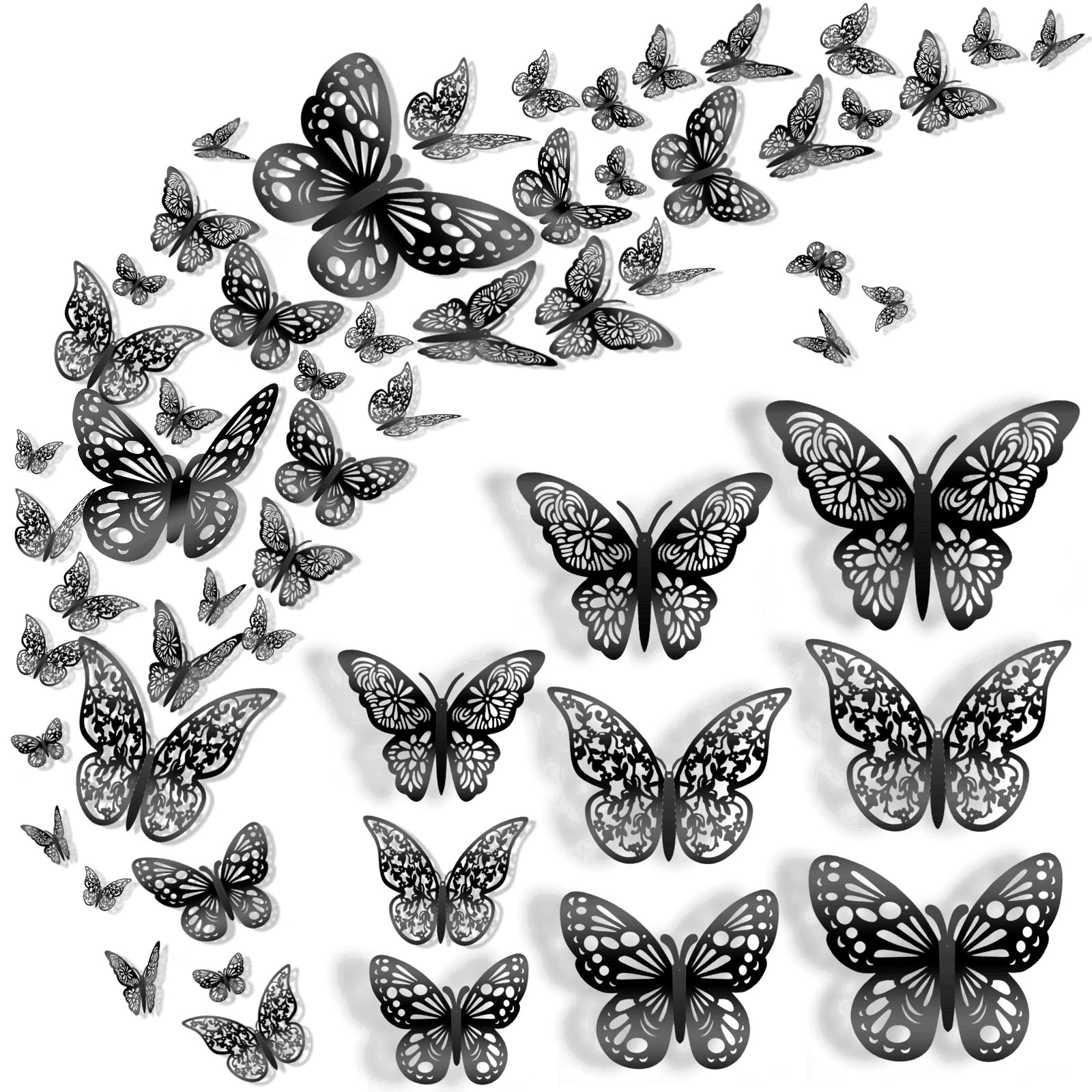 Nelotaor 72 Pcs 3D Butterfly Wall Decor - 3 Styles, 3 Sizes, Black - Wedding & Birthday Party Decorations