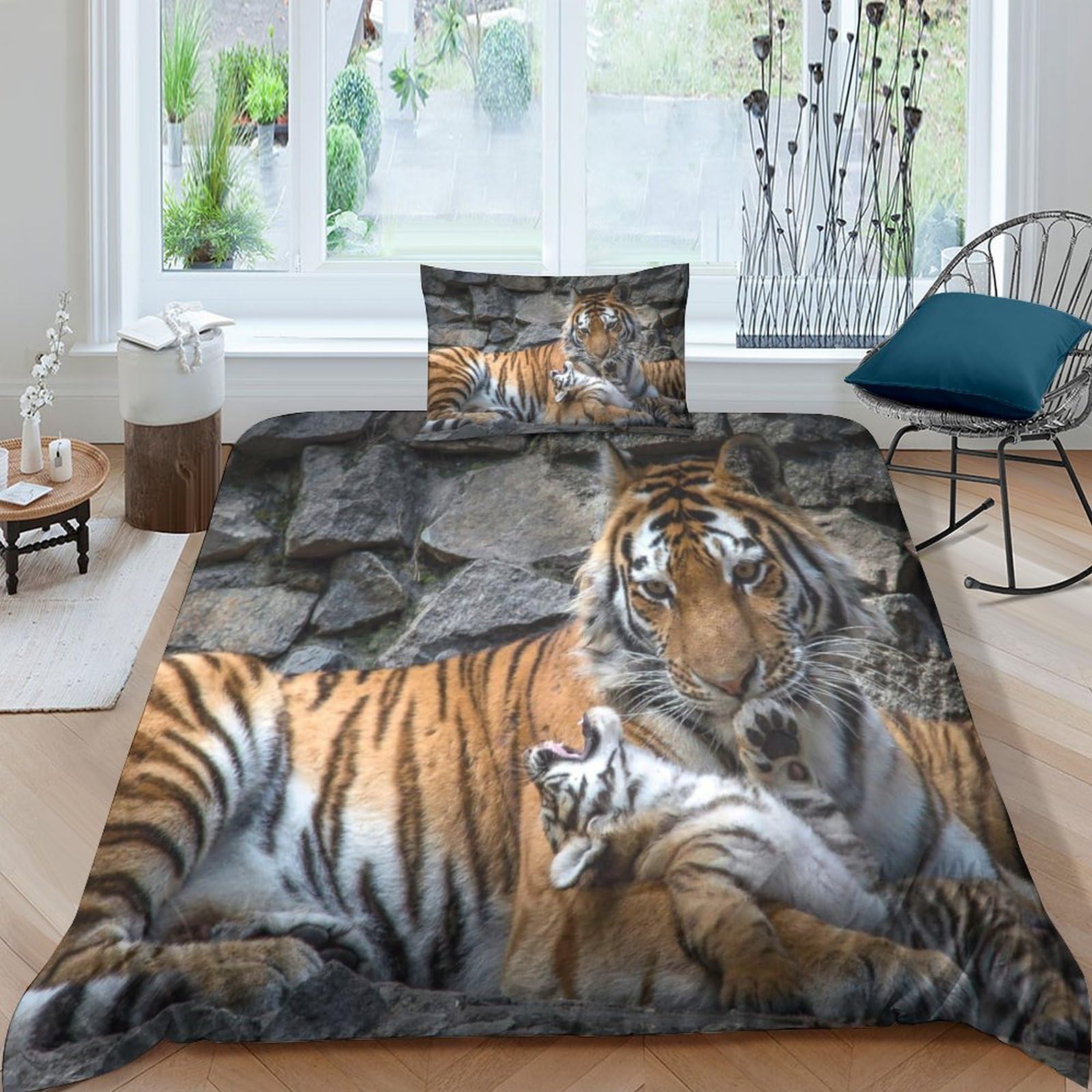 Housse de couette tigre 3D microfibre respirante avec fermeture éclair