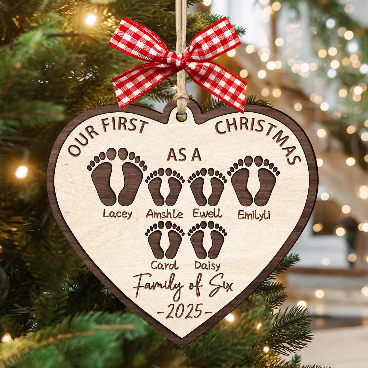 Custom Name Our First Christmas As A Family of Six Footprints Ornament, Personalized 2025 1st First Christmas Family of 6 New Baby Wooden Ornament Xmas Tree Crafts Gifts for New Mom Parents