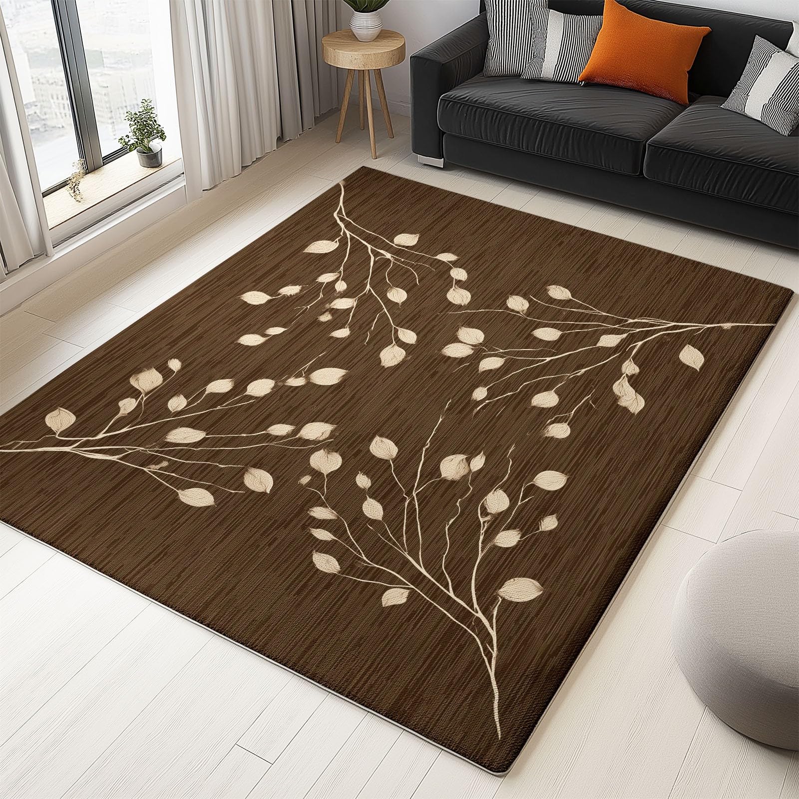 Tapis de salon 140x200 cm brun clair à motifs de feuilles minimalistes
