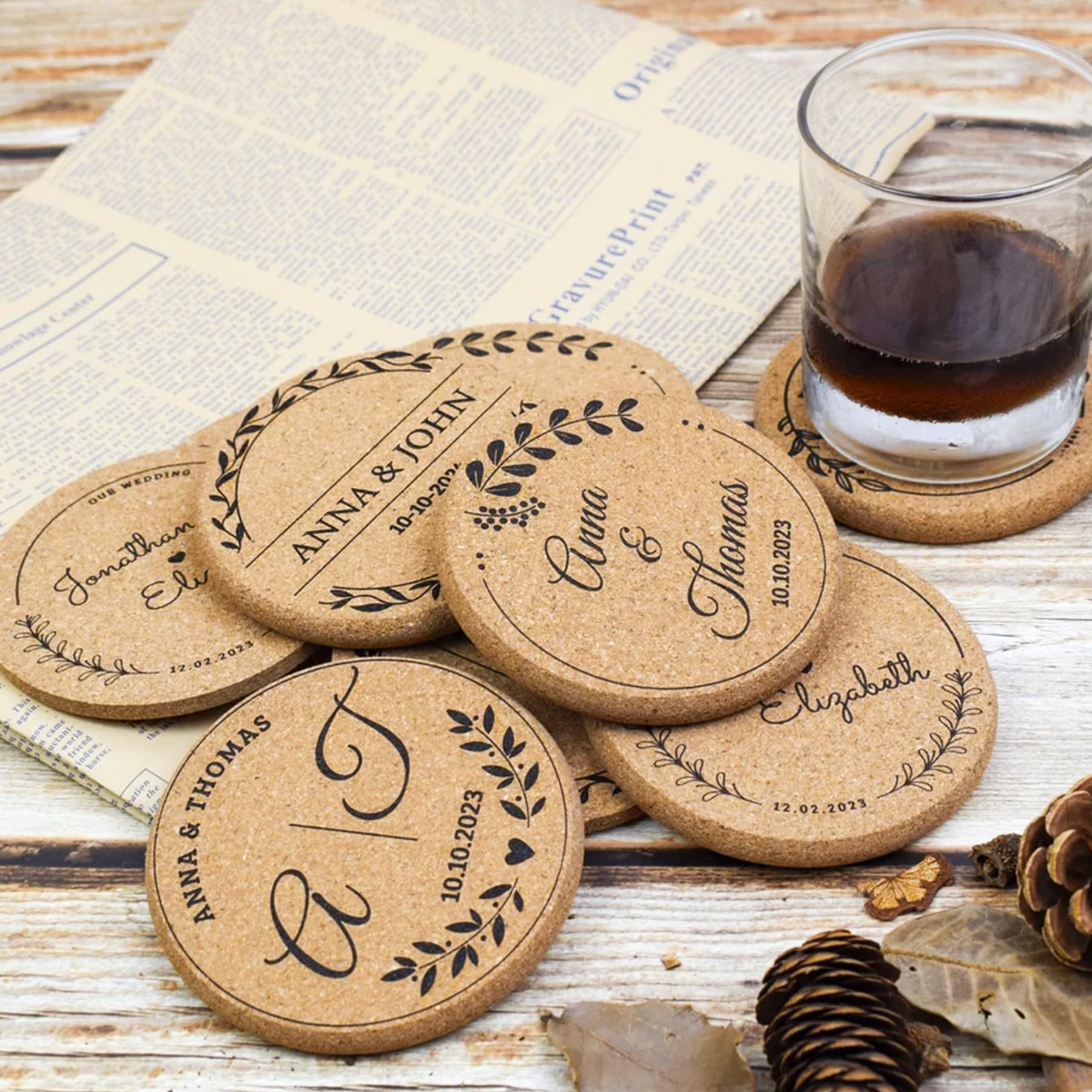 Lot de 30 à 100 sous-verres en liège personnalisés pour boissons, ronds de 10,2 cm, cadeaux de mariage pour invités, dessous de verre personnalisés en vrac avec texte, image ou logo gravé au