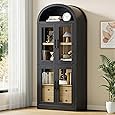 GarveeHome Arched Bookshelf with Doors Farmhouse Bookcase 15.83in Depth Display Storage Shelves 71.4in Tall Wooden Display Cabinet Rounded Bookcases for Living Room, Kitchen, Office (Black)