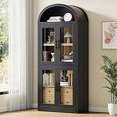 GarveeHome Arched Bookshelf with Doors Farmhouse Bookcase 15.83in Depth Display Storage Shelves 71.4in Tall Wooden Display Cabinet Rounded Bookcases for Living Room, Kitchen, Office (Black)