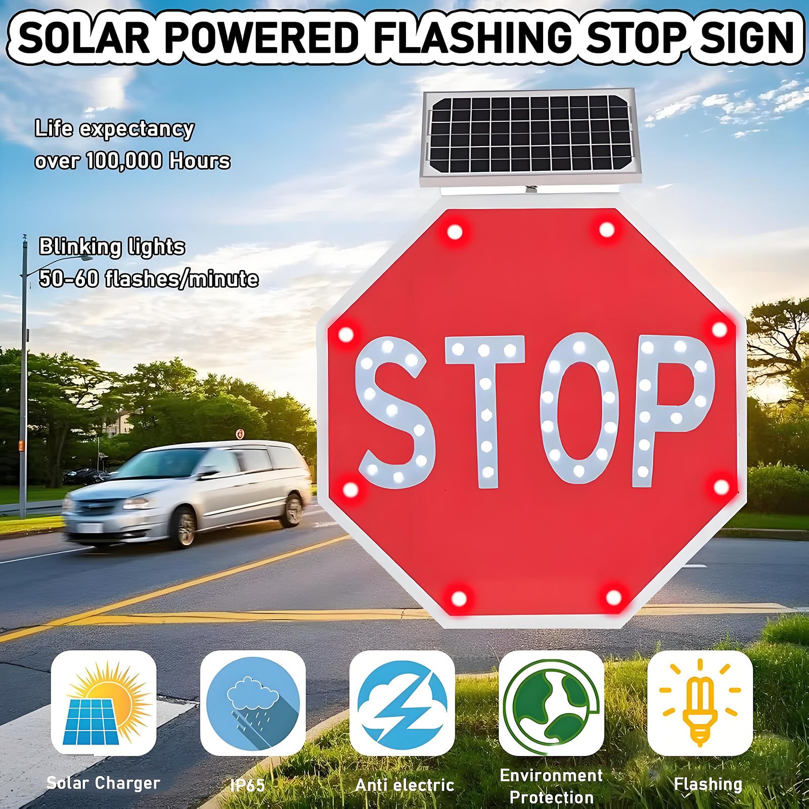 Señal De Alto Solar, Señales De Tráfico De Aluminio, Señales De Advertencia LED Intermitentes Para Calle, Película Reflectante De Grado Industrial (60Cm/80Cm), Señales De Alto Intermitentes 80cm(32in)