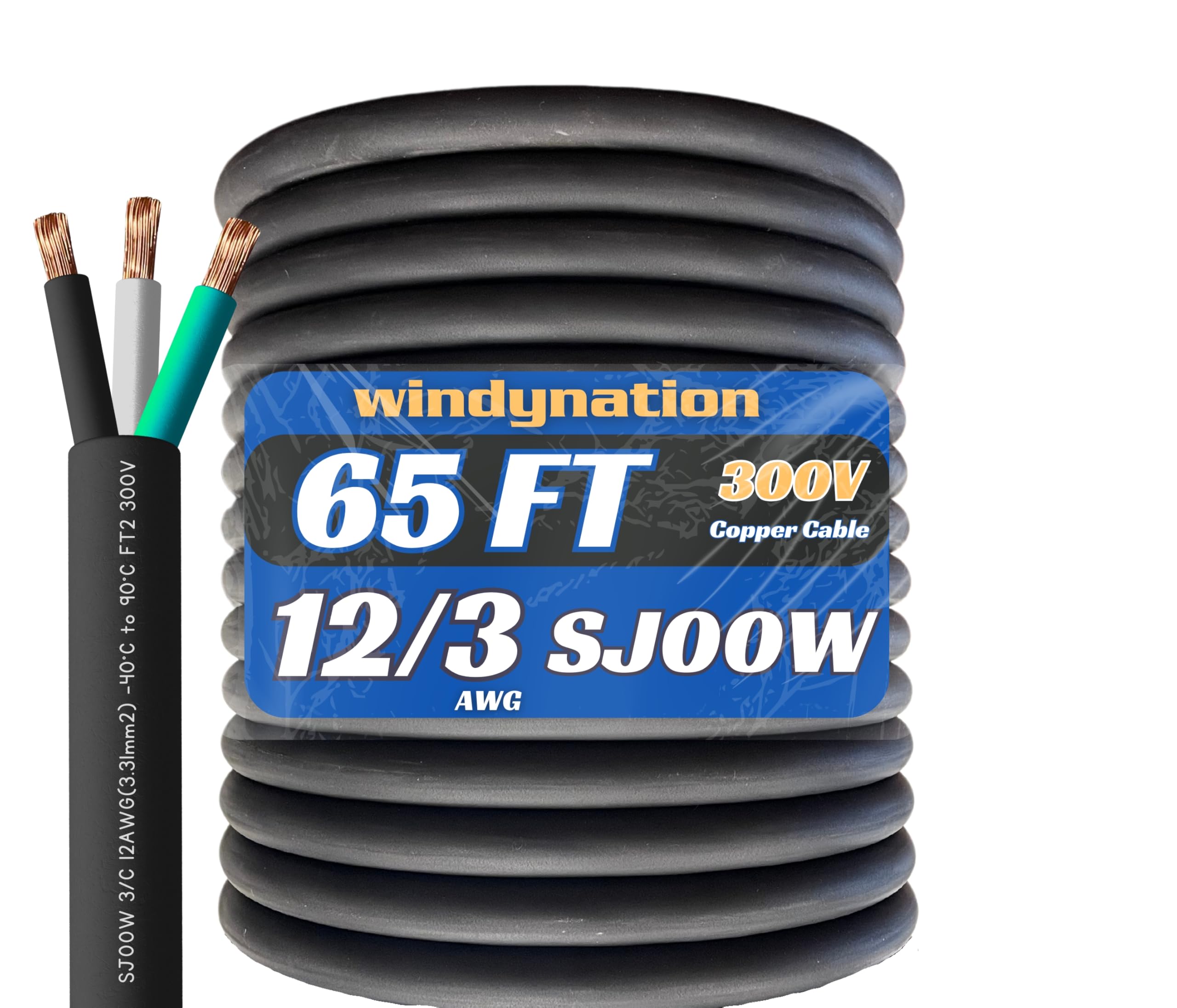 65 Feet 12/3 SJOOW Cable Cord 12 AWG 3 Conductor SO Wire - 12 Gauge 3 Conductor (12/3 Wire) 300V Portable Power Extension Cable for Motor Leads,