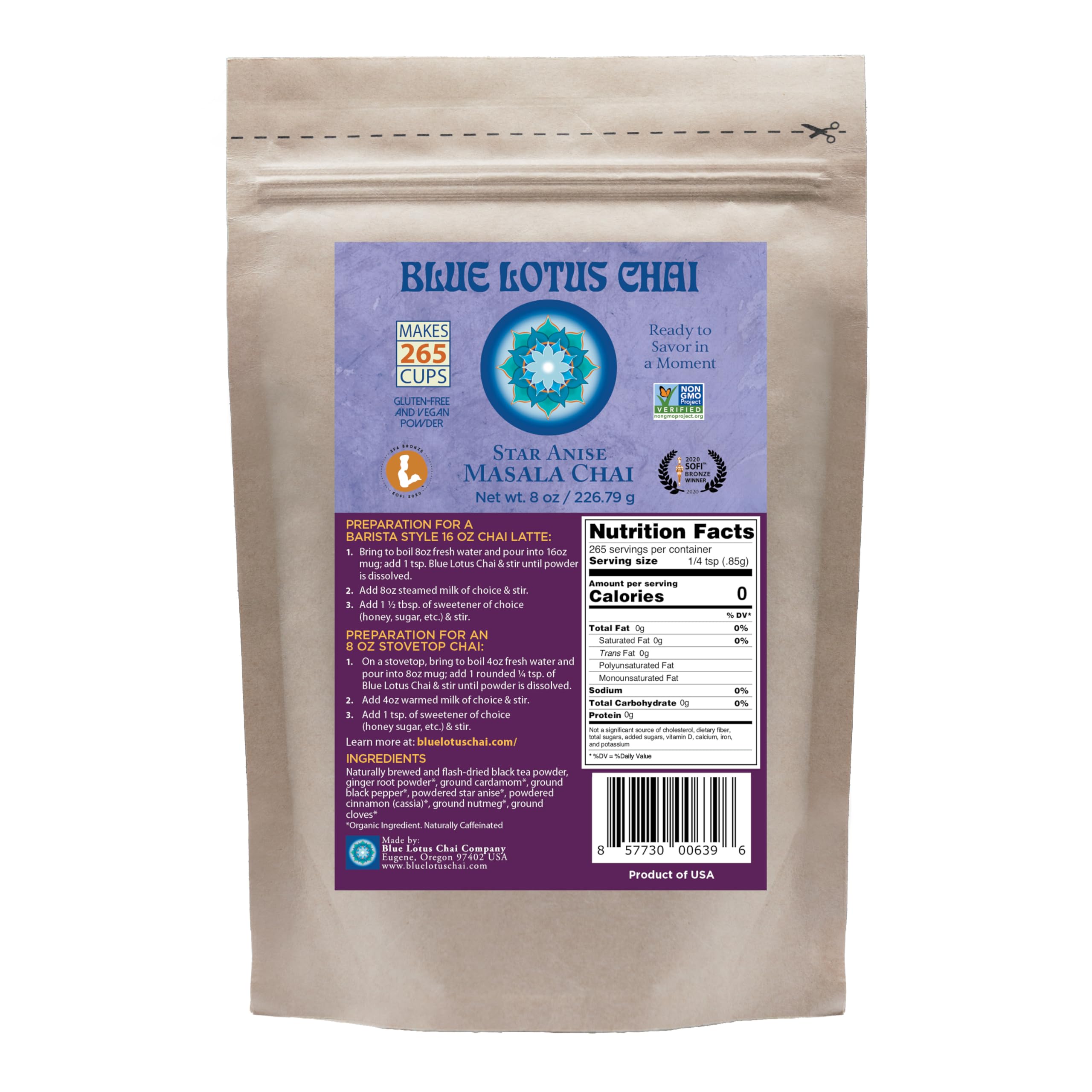 Blue Lotus Chai – Star Anise Masala Chai - Makes 265 Cups – Just Add Hot Water, No Steeping, No Gluten - 8 Ounce Masala Chai Powder with Organic Spices – Authentic Indian Tea