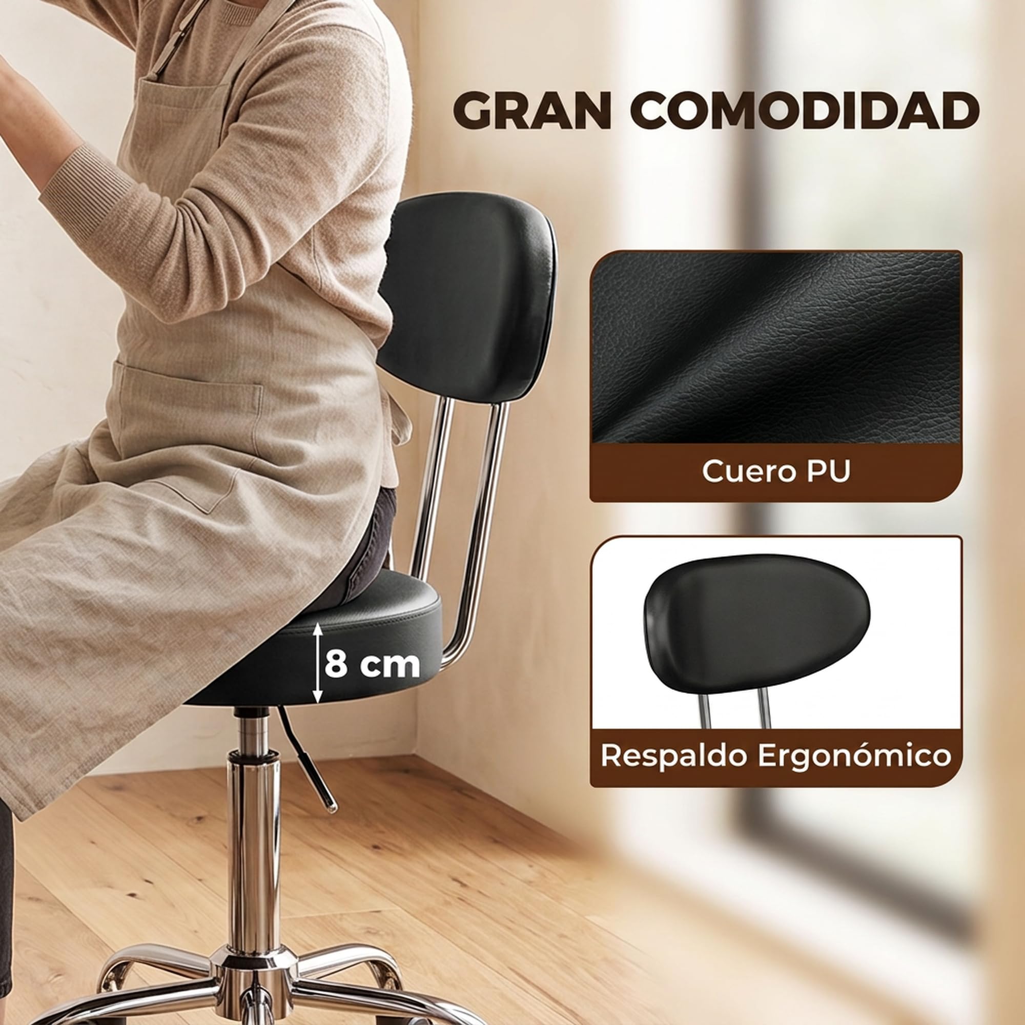 HOMCOM Taburete con Ruedas, Altura Regulable con Asiento Acolchado Negro
