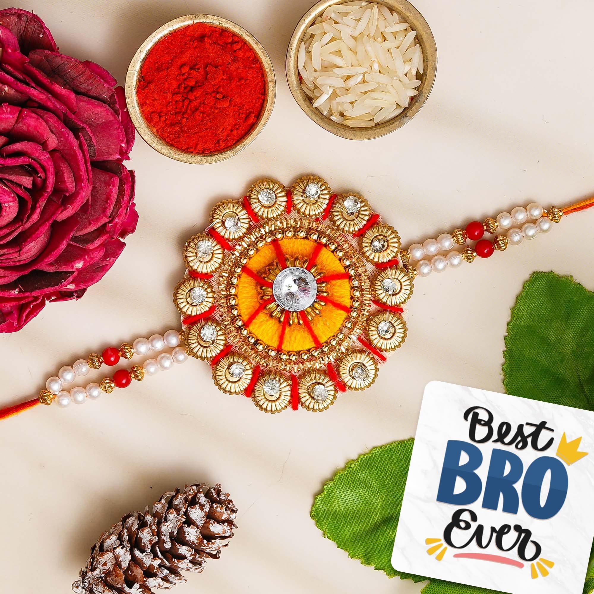 eCraftIndia Orange & Red Kundan Designer Rakhi for Brother with Best Bro Ever Fridge Magnet and Roli Chawal Pack-picture-29