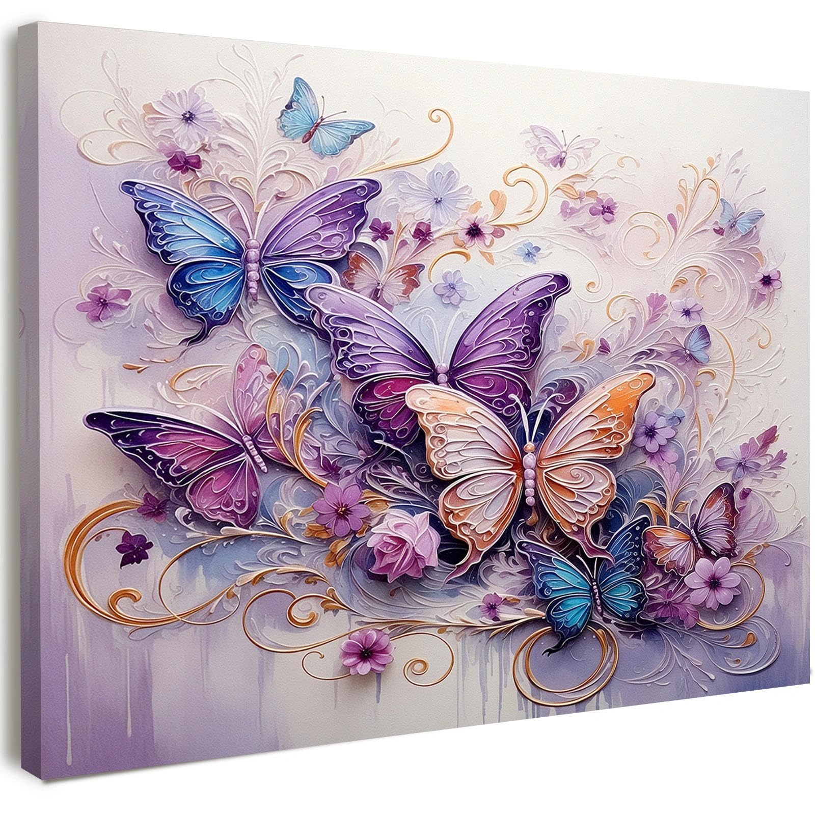 Qiukoo Canvas Wall Art Framed – Purple Butterfly Floral Artwork, Elegant Abstract Wall Decor for Bedroom, Living Room, Hallway or Entryway Home Decoration, with Hooks and Nails, 12x16 Inch