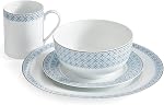 Portmeirion Accueil Majorque 16 Ensemble de vaisselle en porcelaine avec bordure géométrique bleue, 4 Placer les paramètres - Idéal pour les repas en semaine, les brunchs occasionnels, les dîners-restaurants, les célébrations de la petite famille