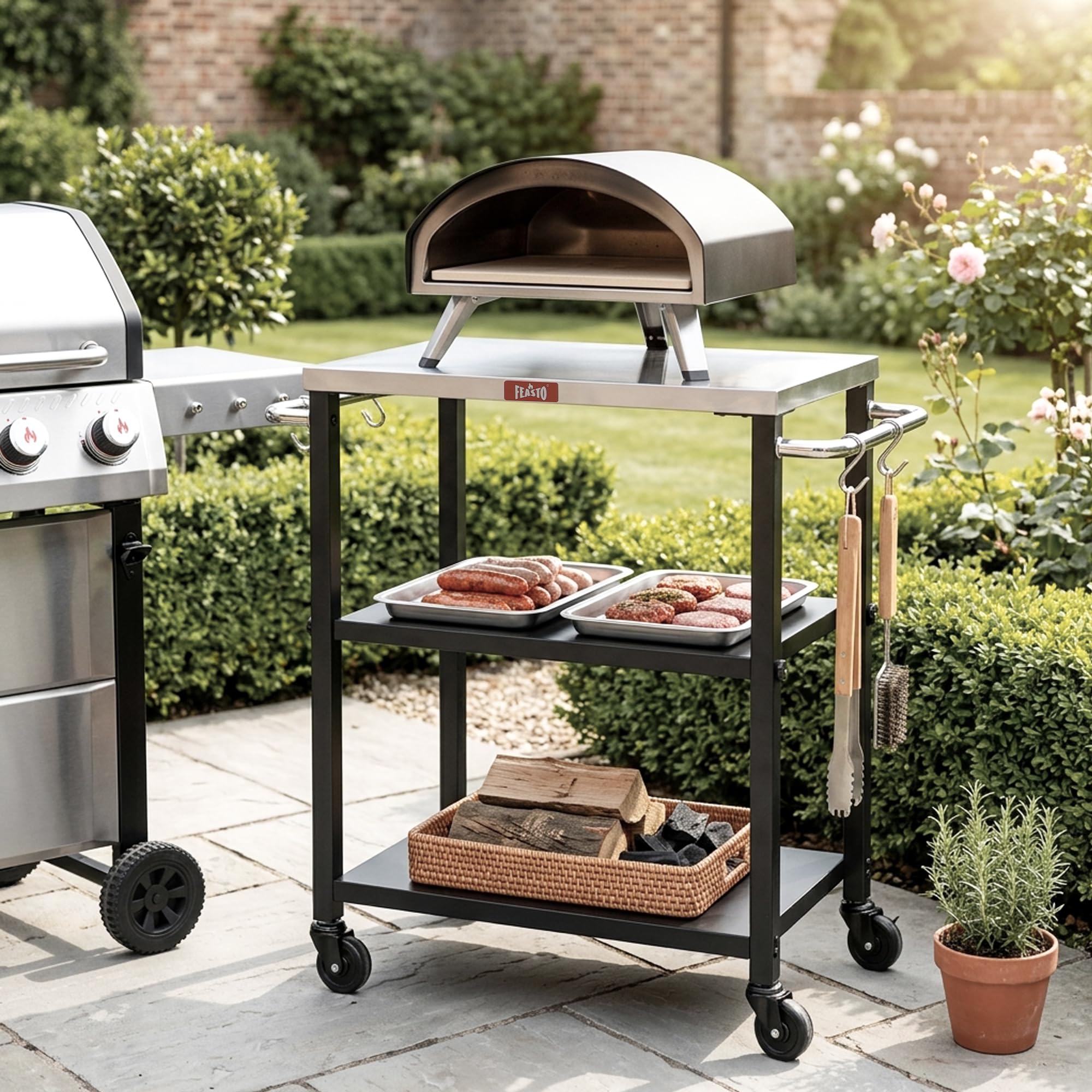 Feasto Rollender 3-stöckiger Verstellbarer Pizza-Ofen-Tisch und Lebensmittelzubereitung, für Zuhause und Außenbereich, multifunktional, funktioniert auf Vier Rädern, L 86xB 40xH 84 cm