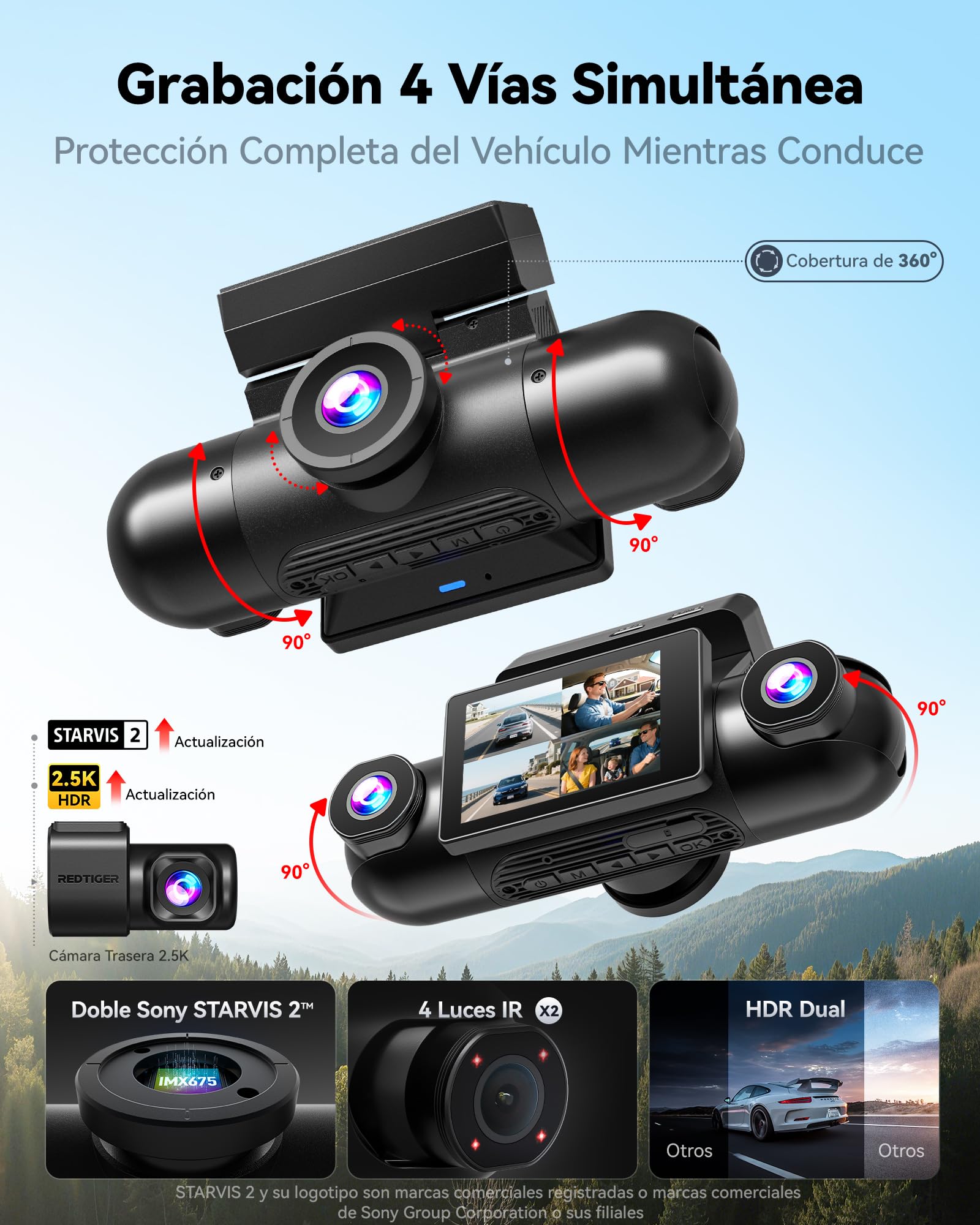 REDTIGER de 4 Canales Dash Cam Coche con Visión de 360°,Doble STARVIS 2, 2,5K*2+1080P*2,Cámara para Salpicadero Delantera y Trasera,Interior Izquierda y Derecha, WiFi de 5,8 GHz, 8 luces IR con Visión