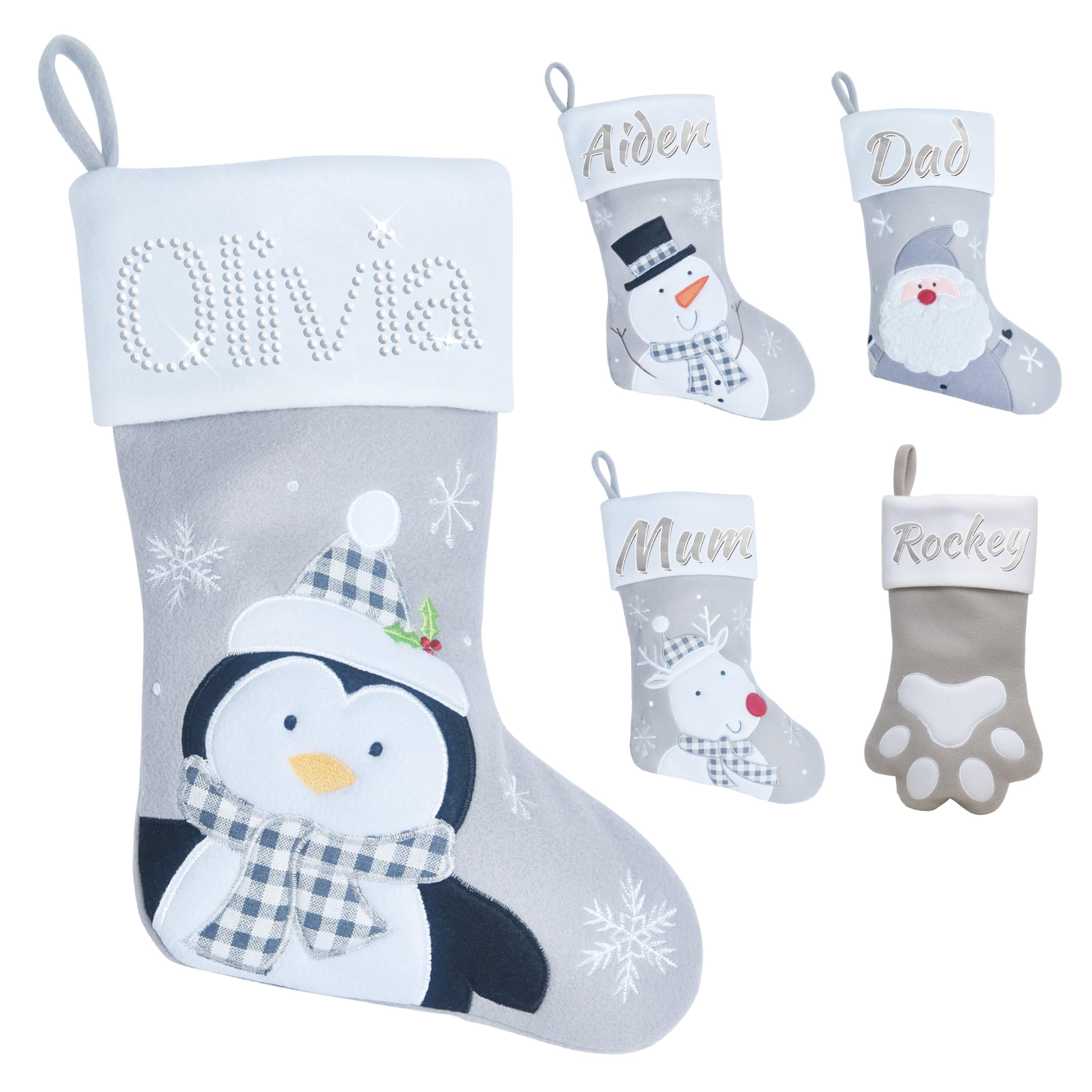 Varsany Premium Personalised Grey Penguin Christmas Stockings – Matching Custom Xmas Stockings For Pets & Family, Name Dog Holiday Christmas