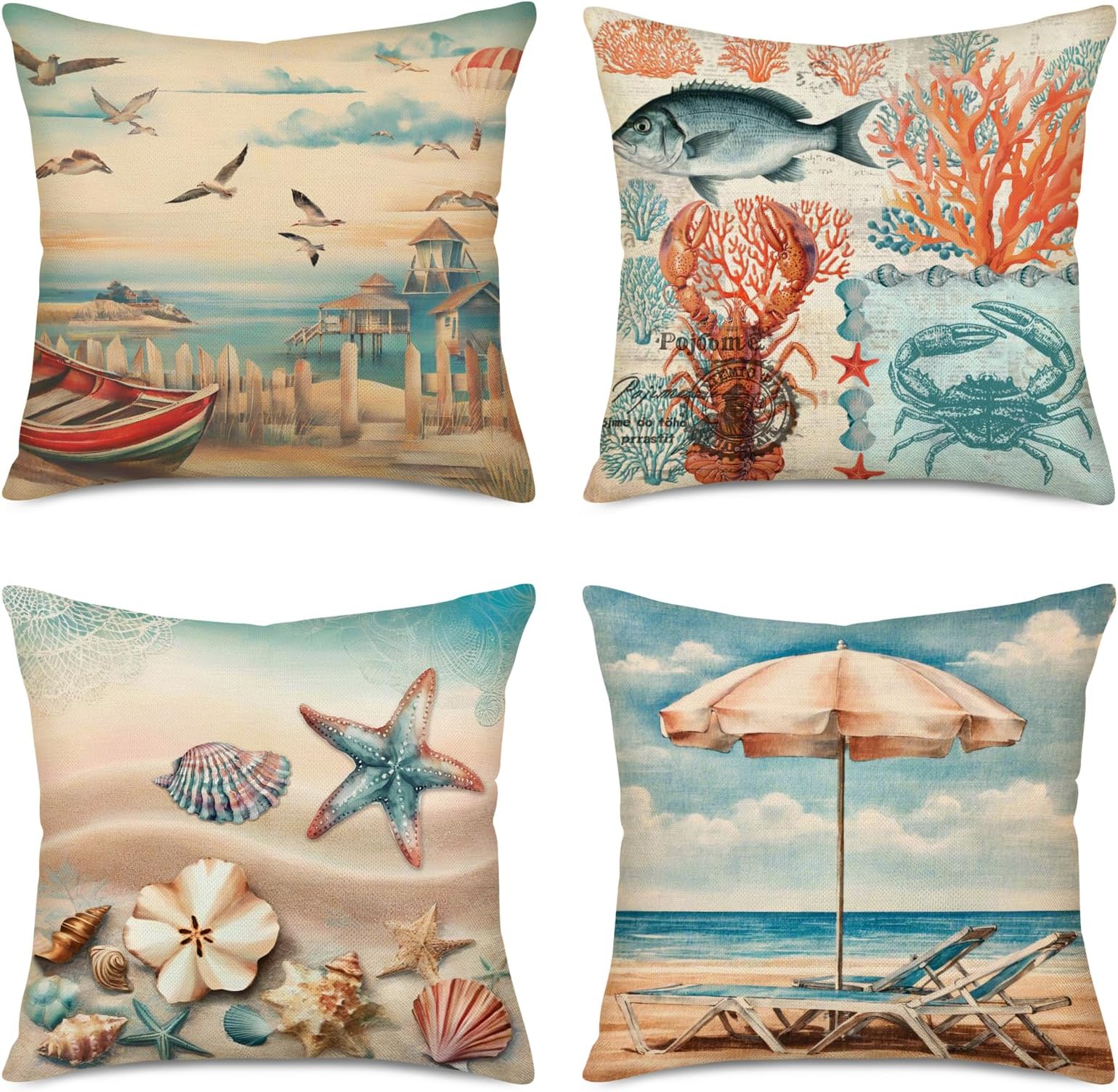 Fukeen Set of 4 Summer Beach Throw Pillow Cases Marine Animal Fish Starfish Crab Pattern Throw Pillow Cushion Cover Cotton Linen Ocean Sea Theme Home Couch Decor Standard Pillowcase 18x18 Inch