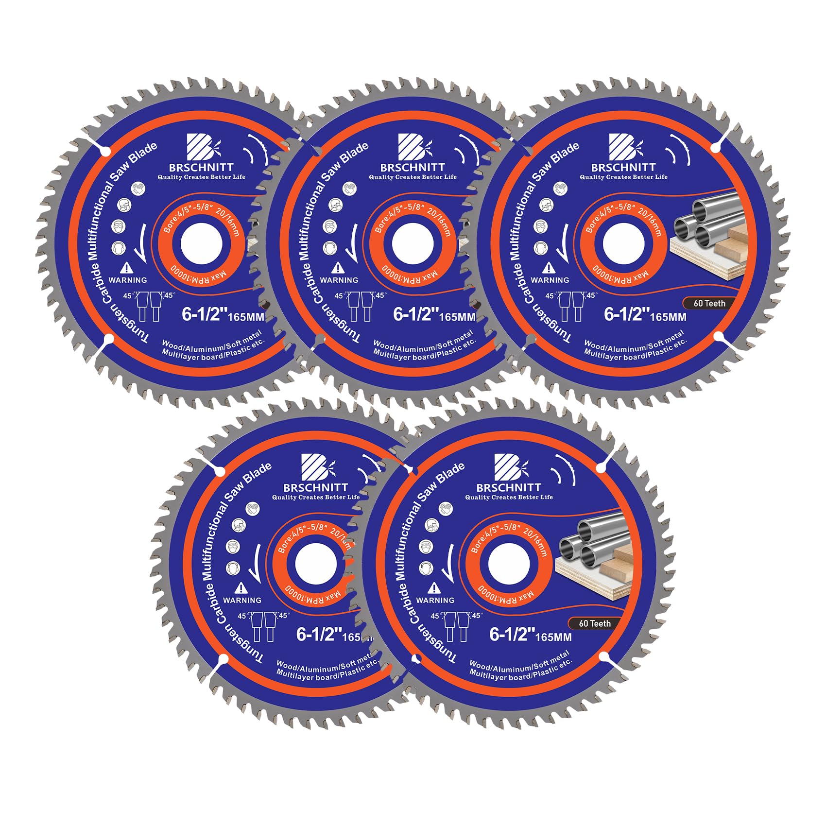 BRSCHNITT Circular Saw Blade 6-1/2 in 60T with 4/5-5/8" Arbor, Carbide Tipped Teeth, TCT Saw Blades for Cutting Various Wood, Aluminium,Copper,and Composite Materials(5pcs)