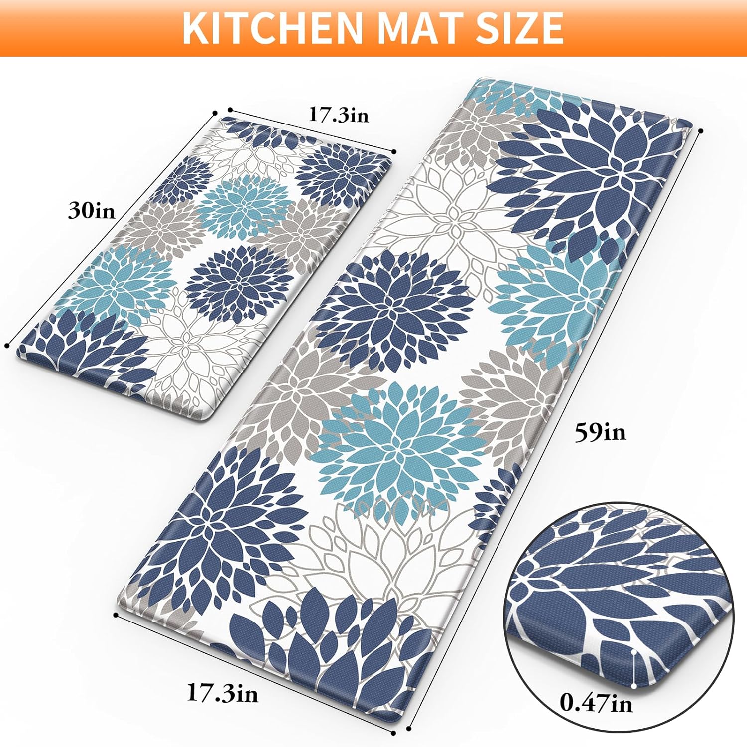 StepLively Kitchen Mats for Floor, 0.47" Anti Fatigue Mats for Floor, Kitchen Decor and Accessories Non Slip Washable Mats Set of 2 for Sink, Laundry, 17.3"×30"+17.3"×59", Blue and White