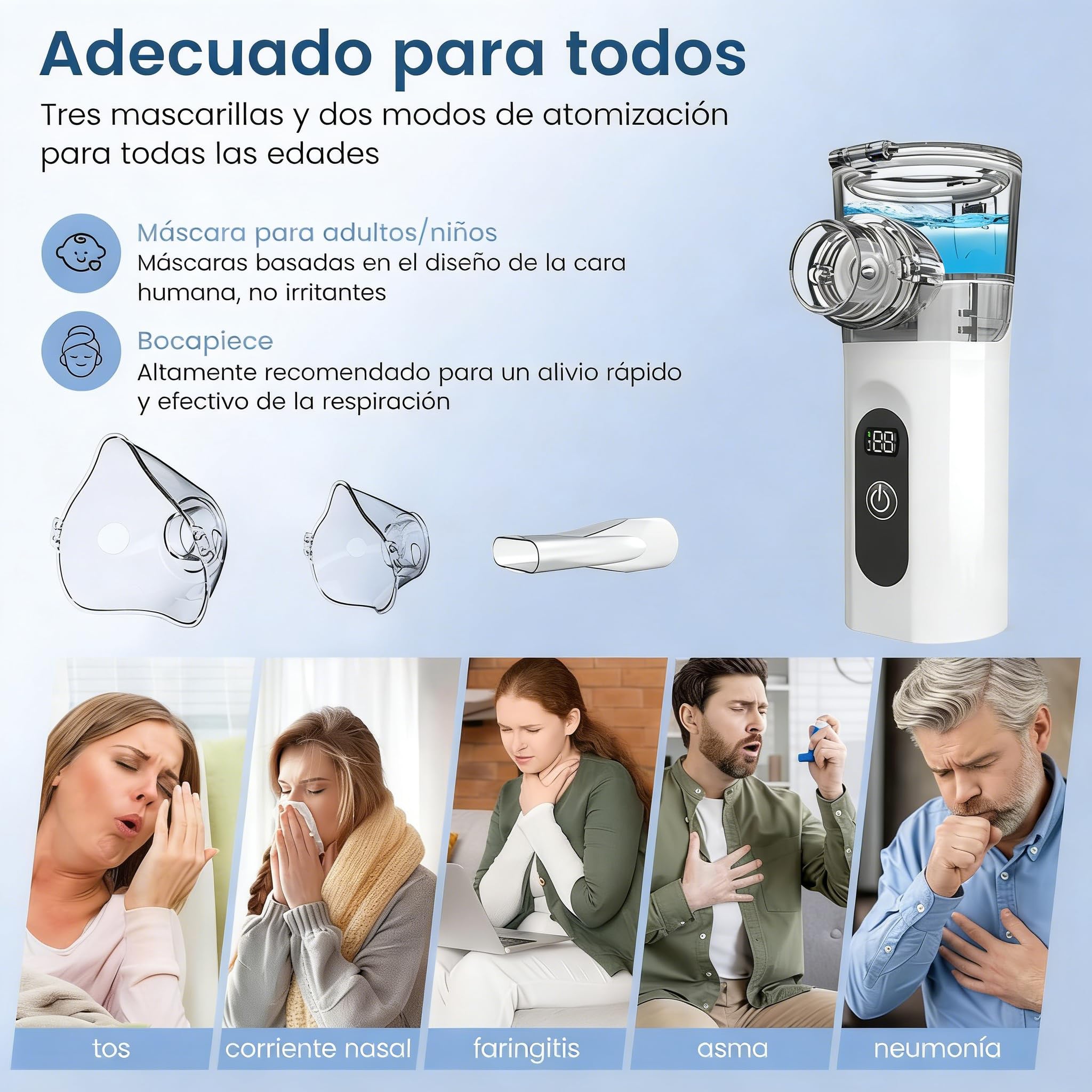 Nebulizador Portátil Silencioso para Adultos y Niños con Pantalla Digital, 2 Modos de Nebulización, Carga USB-C Inhalador, Ideal para Casa y Viaje