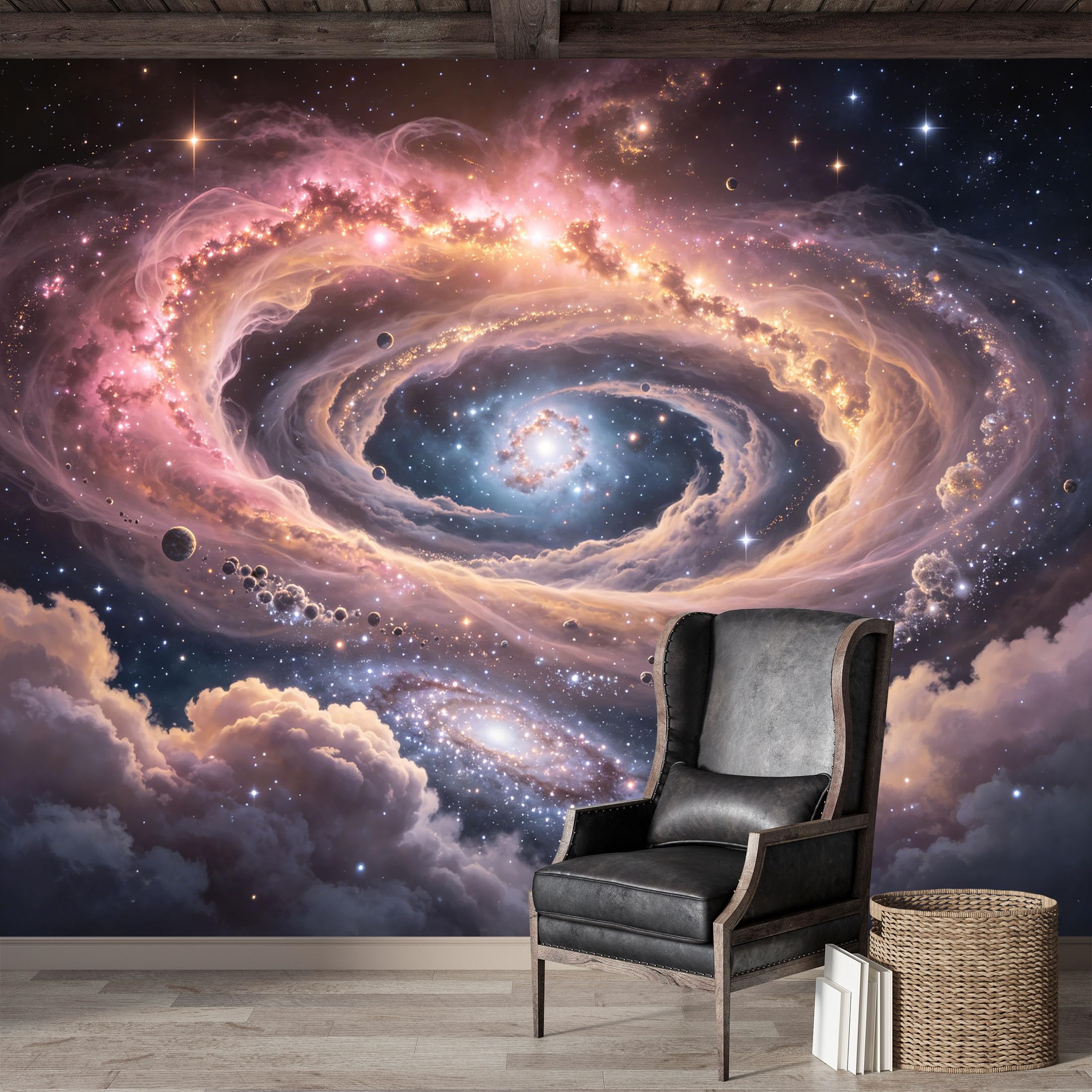 Custom Size Wall Mural，Cosmic Swirl Galaxy Nebula Space Planets Panoramic Premium Water Activated SelfAdhesive Wallpaper,Removable Wall Covering for Indoor Home Decor