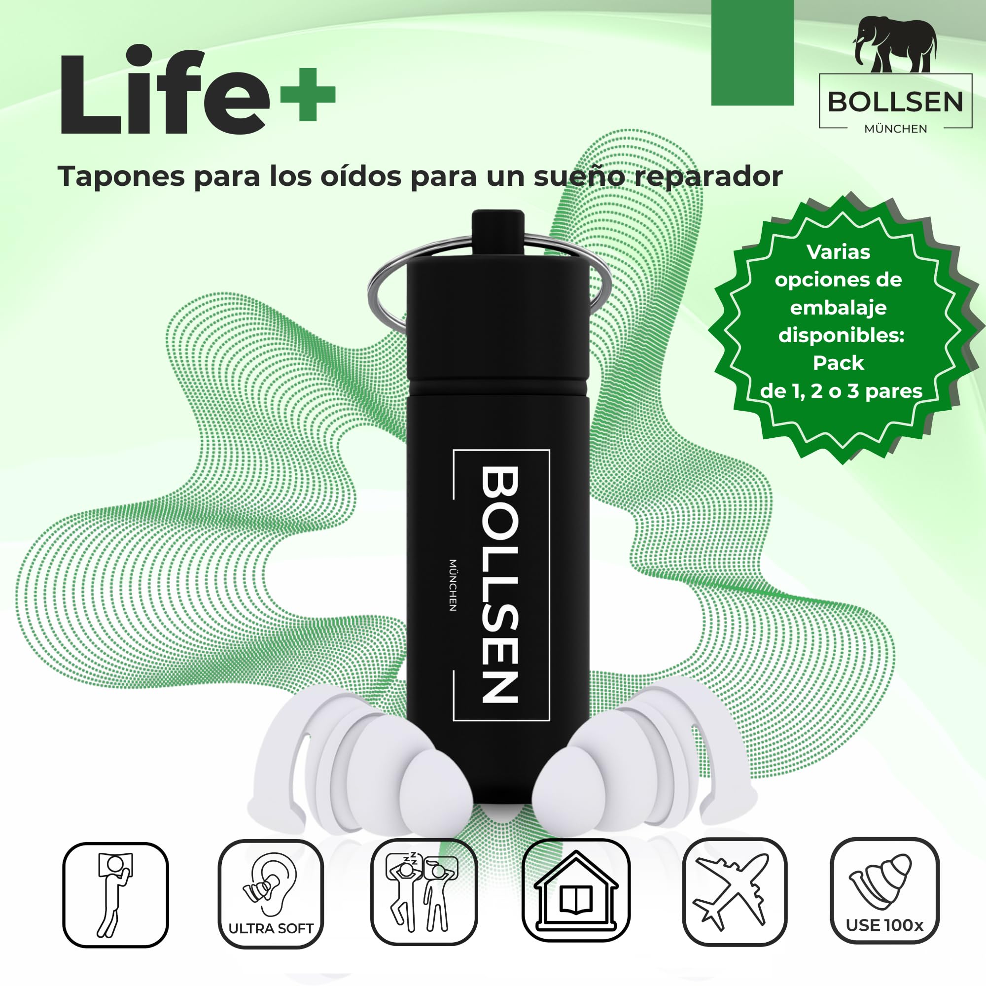 BOLLSEN Life+ Tapones para Dormir – Tapones de Silicona con Reducción de Ruido – Protección Auditiva SNR 24 dB – Cómodos para Usar Día y Noche – Duraderos y Reutilizables hasta 100 Veces (3)
