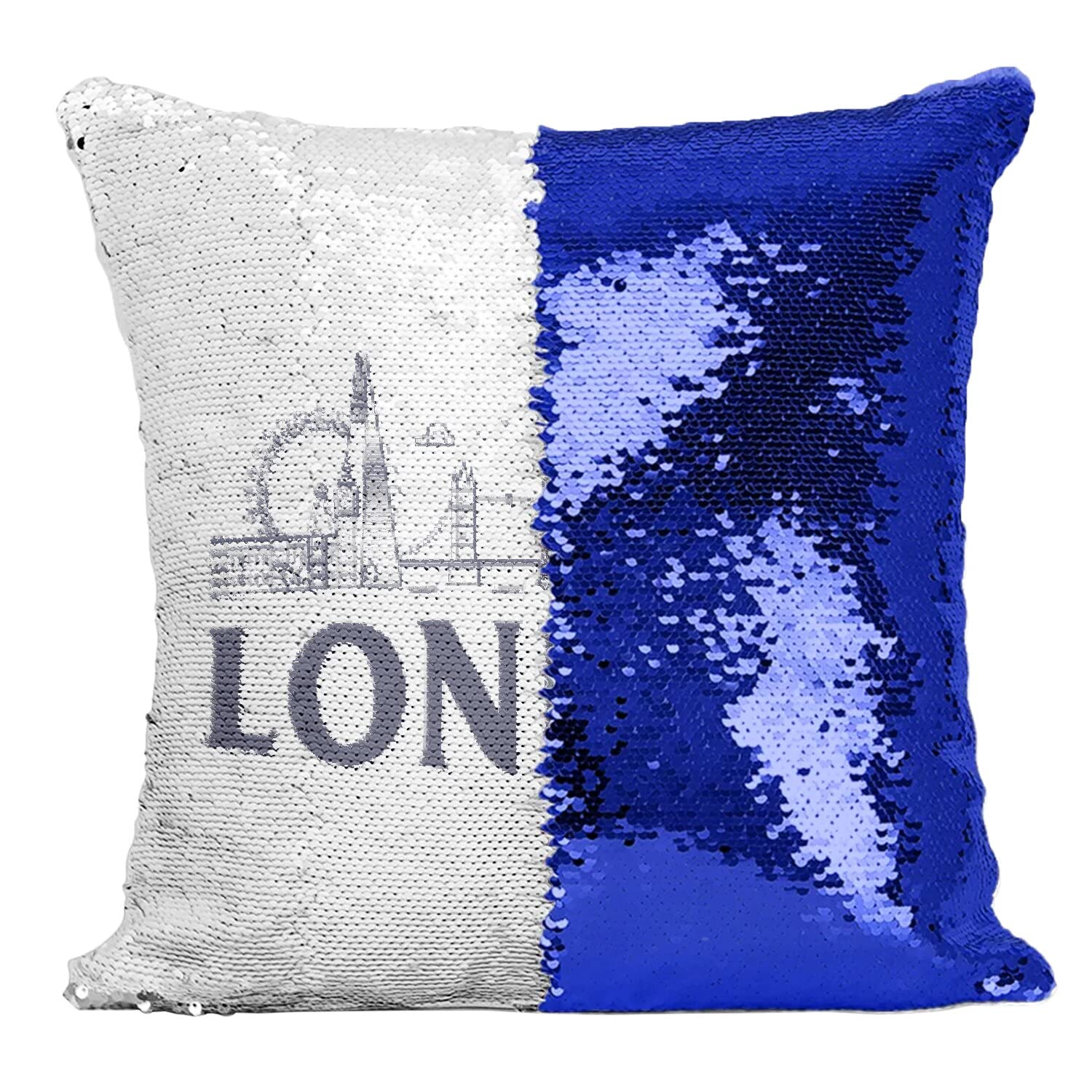 Coussin magique paillettes bleu London, housse decorative reversible
