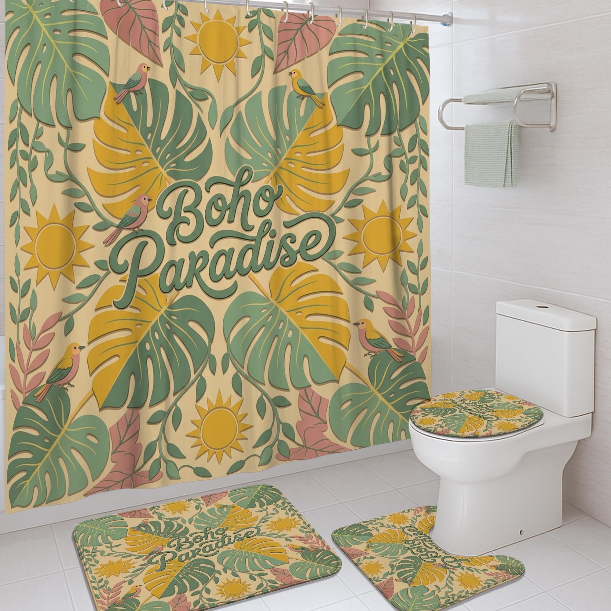 Rideau de douche tropical vert et tapis assorti pour baignoire d'appartement