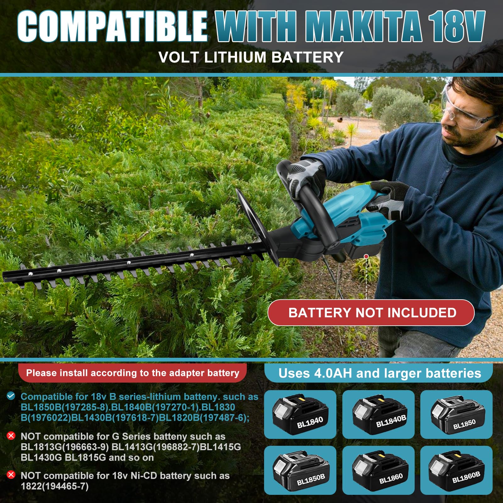 Cortasetos inalámbrico de 20" con 2 baterías de 2000 mAh, Tijeras de Mano para arbustos y césped, 2000 RPM