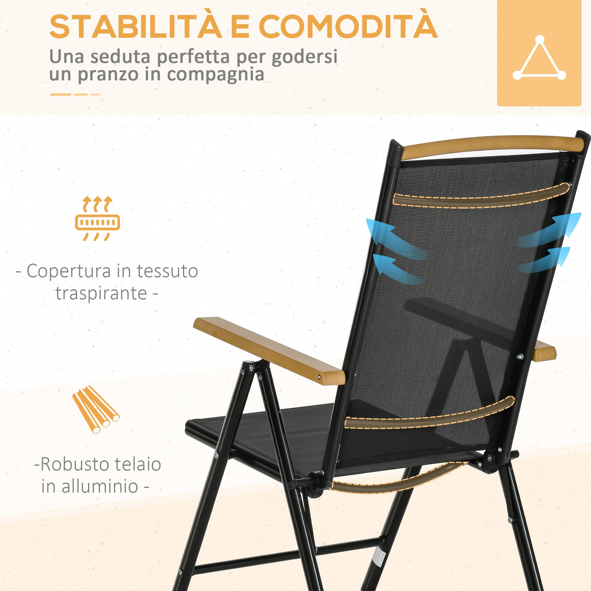Outsunny Set Tavolo da Giardino 7 Pezzi, Sedie Pieghevoli Regolabili Alluminio Textilene Nero