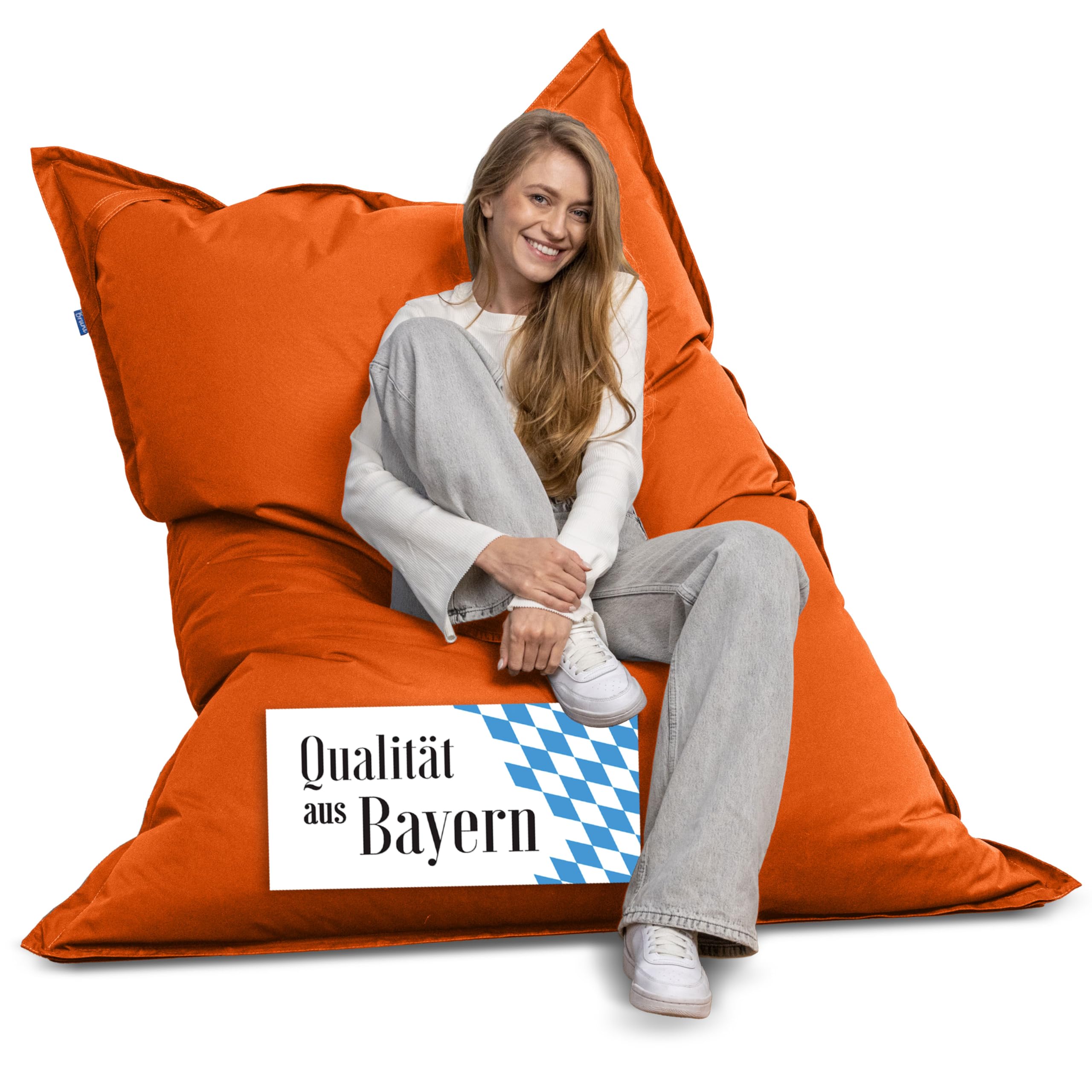 Bruni Pouf géant Caree orange – Pouf rectangulaire XXL, 140 x 180 cm et rembourrage de 400 l, avec housse intérieure, sac de couchage amovible, pour l'intérieur et l'extérieur, fabriqué en Allemagne
