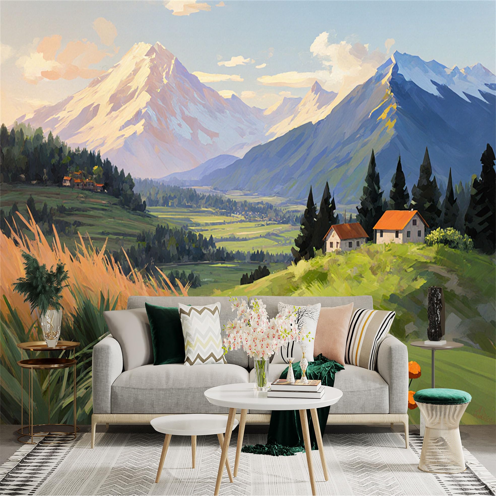Lnzczhyre Xc260505458 Custom Size Wall Sticker Mural， Scenic Mountain Landscape， Lush Green Valley， Rustic Houses In Meadow， Oil Painting Style， For Wall Decoration， Peelandstick Wall Decals.