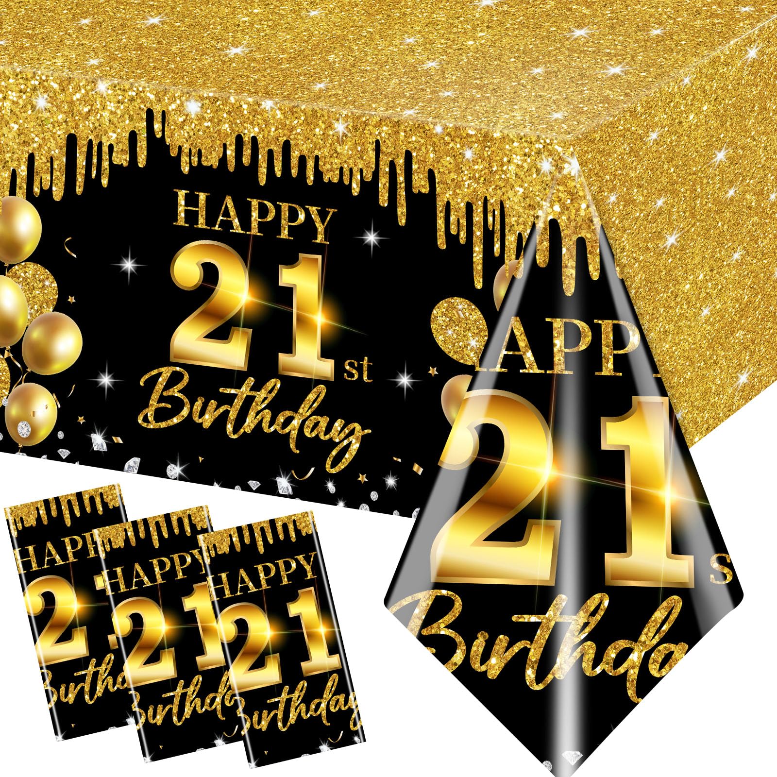 3Pcs 21th Birthday Tablecloth Black and Gold 21th Birthday Decorations Happy 21th Birthday Table Cover, Cheers to 21 Years Birthday Tablecloth for Him