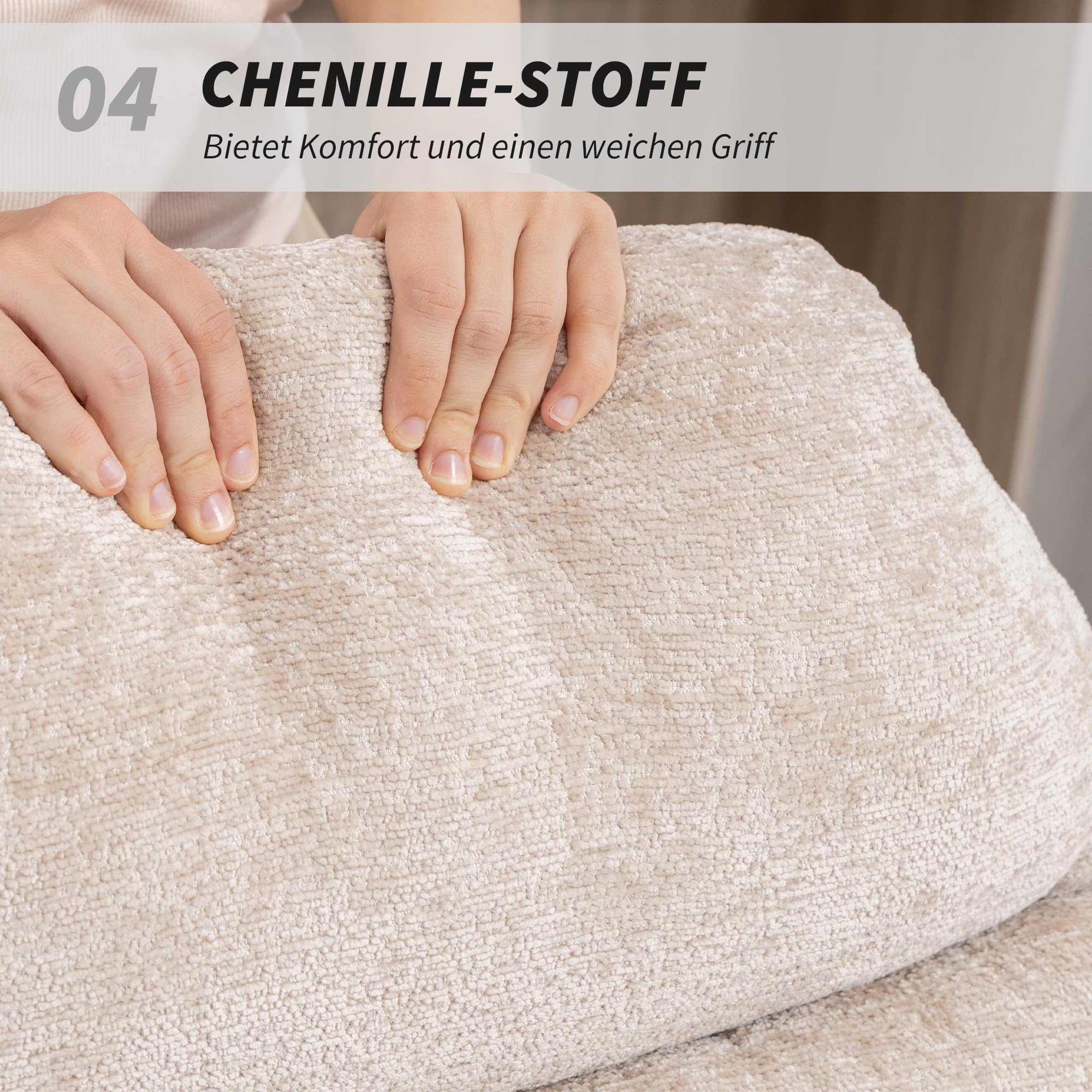 HOMCOM Schaukelstuhl Schaukelsessel mit Rückenlehne Schneidersitz Sessel, gepolstert Relaxsessel mit Chenille-Optik, Holzgestell Schwingsessel, Lesesessel für Wohnzimmer, Cremeweiß
