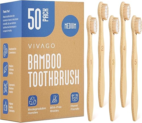 Miniatura 9 de Cepillos de dientes de bambú con cerdas medianas, 10 unidades, sin BPA, cepillos de dientes de cerdas medianas para adultos, ecológicos, cepillo de