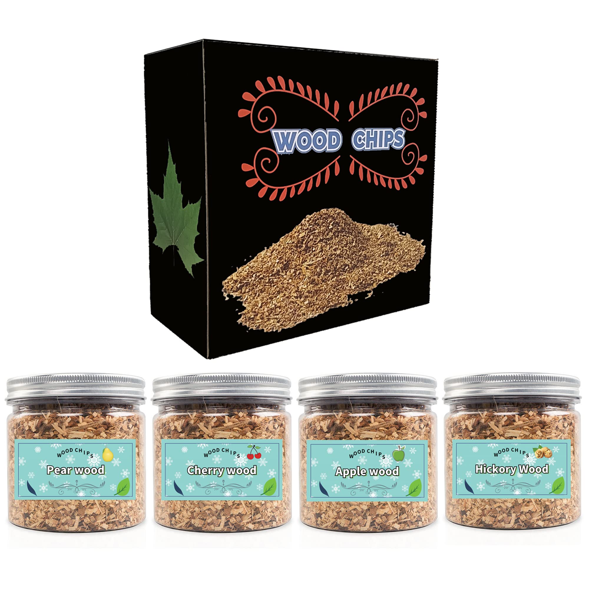 Goomp Wood Chips for Smoking Gun & Grill - 4pcs Hickory, Cherry, Apple & Pear Wood Chips - 3.5 oz Each - Great for Smoking Beef, Pork, Chicken, Fish & Whisky