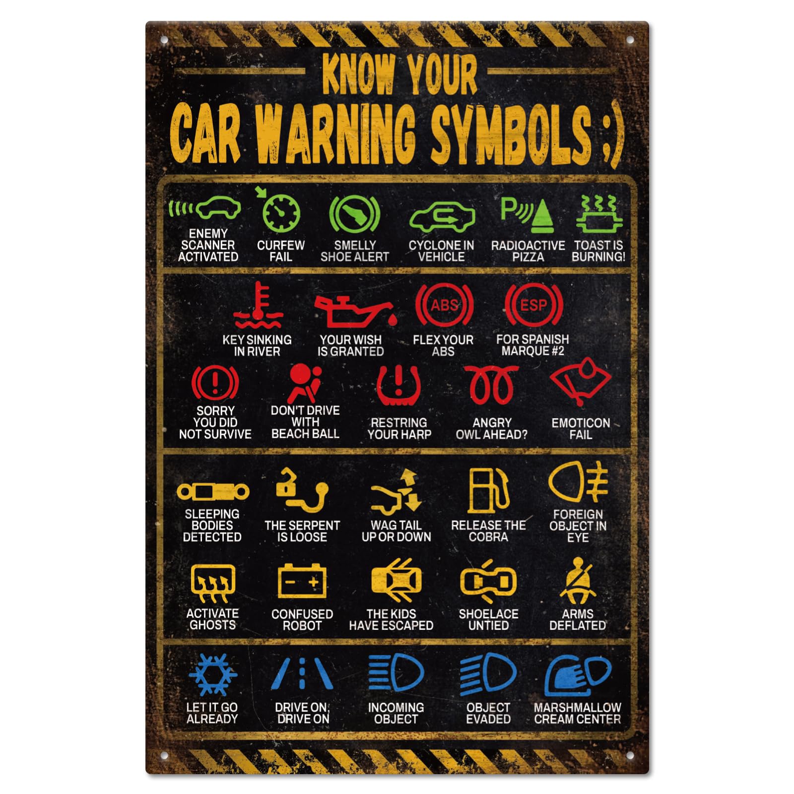 GLOBLELAND - Paneles de metal de señalización de coche "Know Your Car Warning" pintura vintage en paneles de estaño póster de placa de arte de pared retro para el hogar Oficinas Bares Clubes Garaje