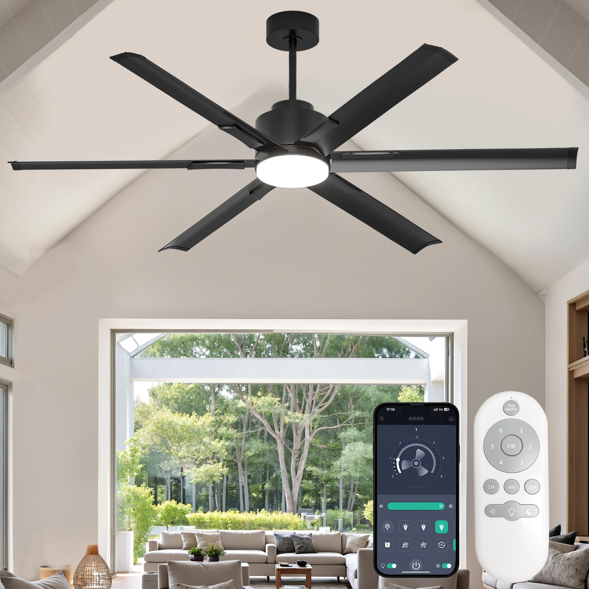 JAYNLT 72 Inch Ceiling Fan with Light High CFM Industrial LED Fan Lights with 6 Aluminium Blades Remote