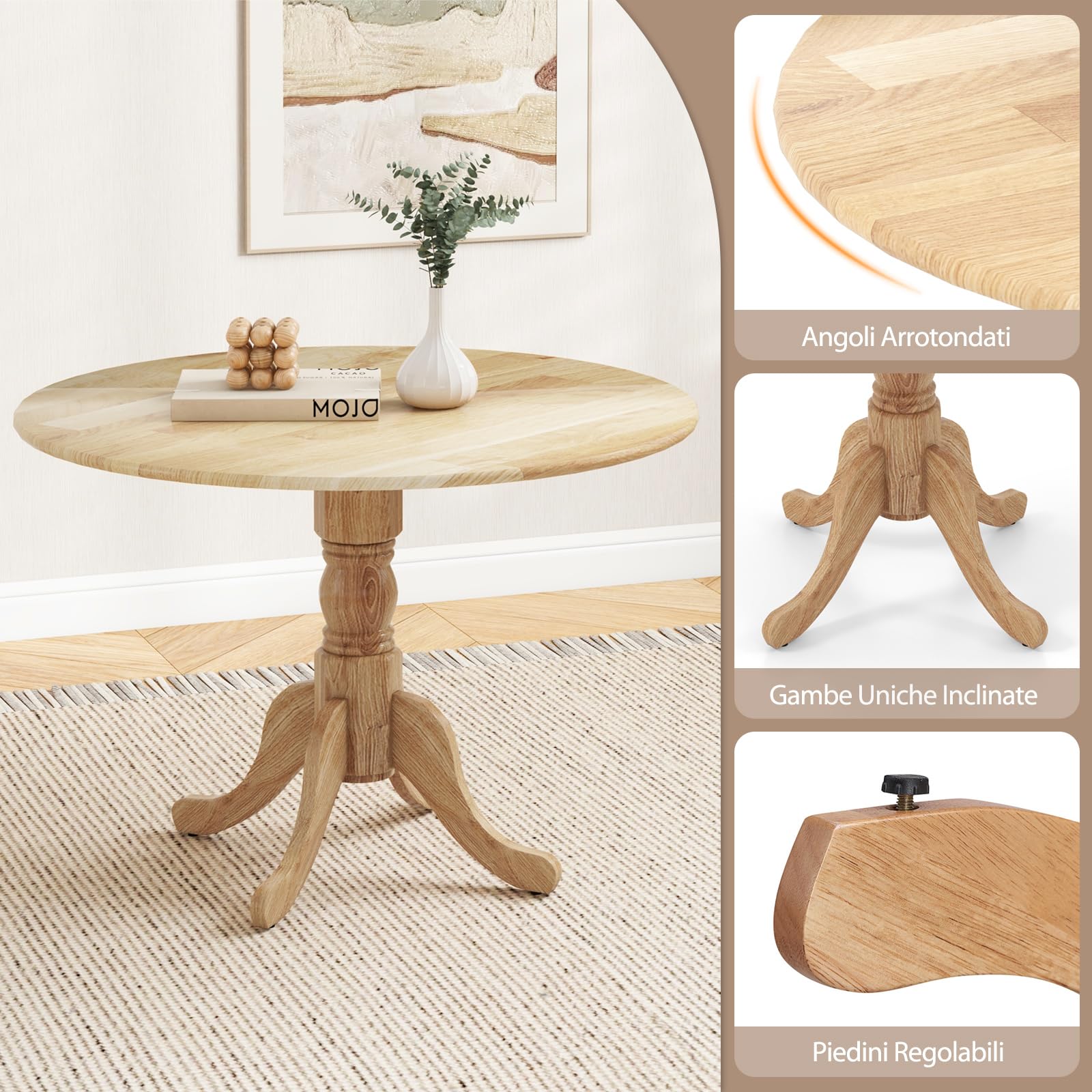 RELAX4LIFE Tavolo da Pranzo 100cm per 4 Persone, Tavolo Rotondo da Cucina in Legno di Gomma, con Gambe a Cavalletto Curve, Tavolino Moderno per Sala da Pranzo, Soggiorno, Carico 100kg (Naturale)