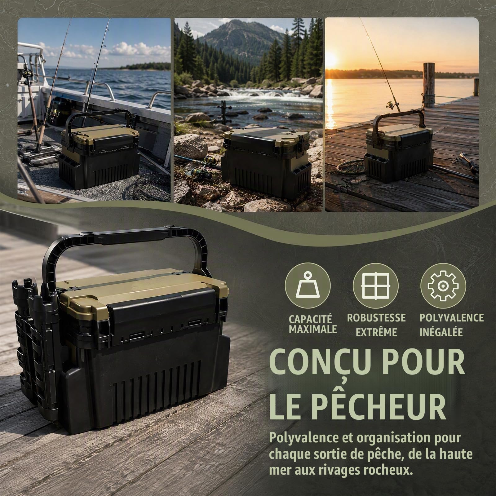 Mallette de pêche à 2 couches avec porte-canne, boîte de rangement verte