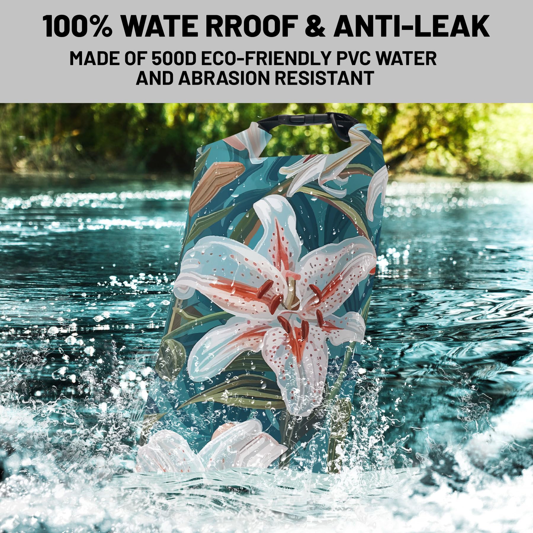 Bolsa seca impermeable, mochila impermeable con diseño de lirio de flores de 5 L/10 L/20 L, bolsas flotantes y ligeras para kayak, canotaje, pesca, natación y campamento con funda impermeable