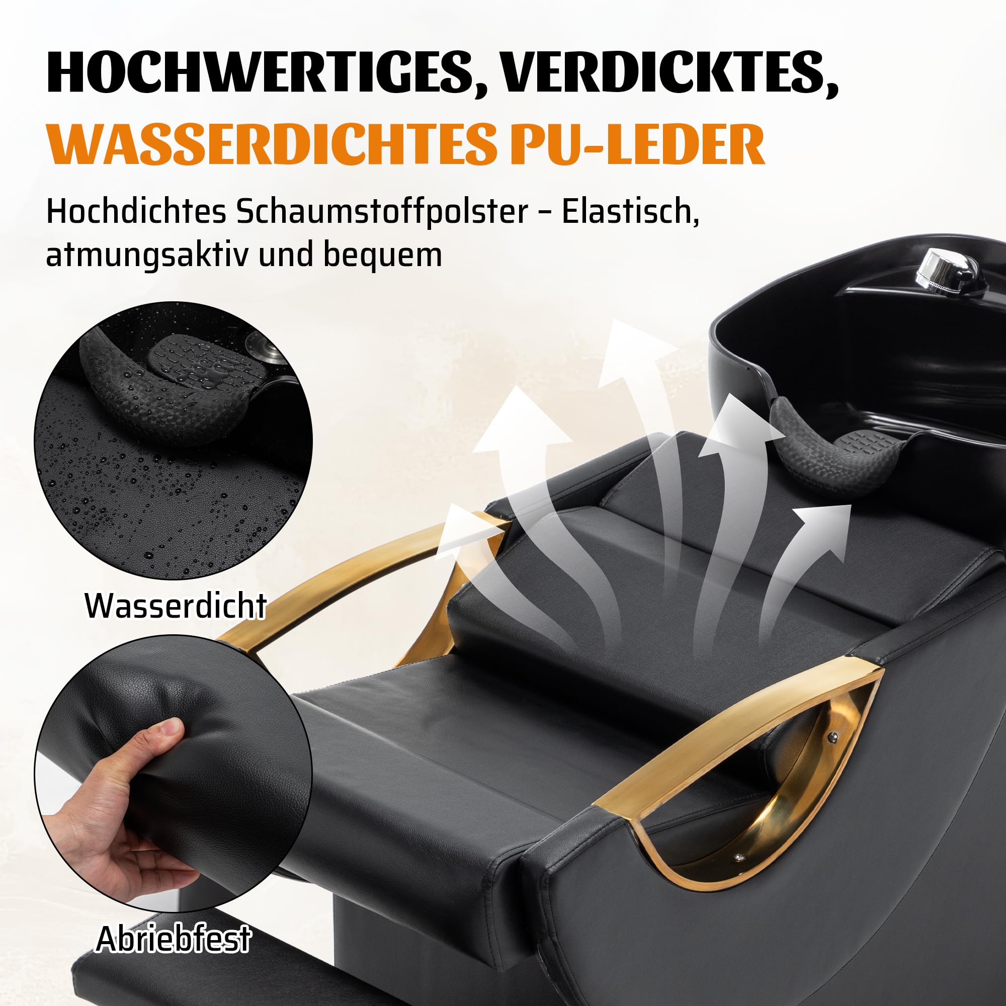 Professioneller Friseurwaschsessel mit Waschbecken, Beinstütze, Nackenstütze und Armlehnen, 136 kg Traglast, für Salon & Barbershop