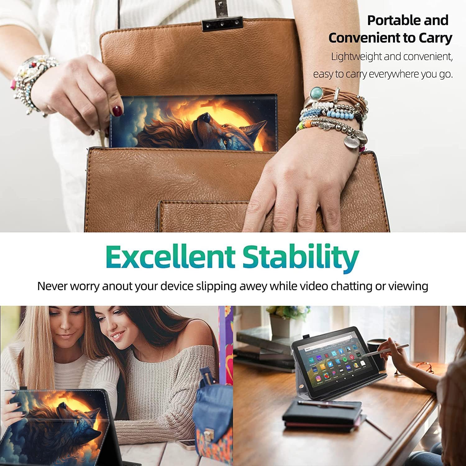 Tablet Case for All-New Amazon Fire HD 8 and Fire HD 8 Plus (10th Gen 2020 & 12th Gen 2022), Slim Folding Stand Cover with Auto Wake/Sleep, Wolf Art