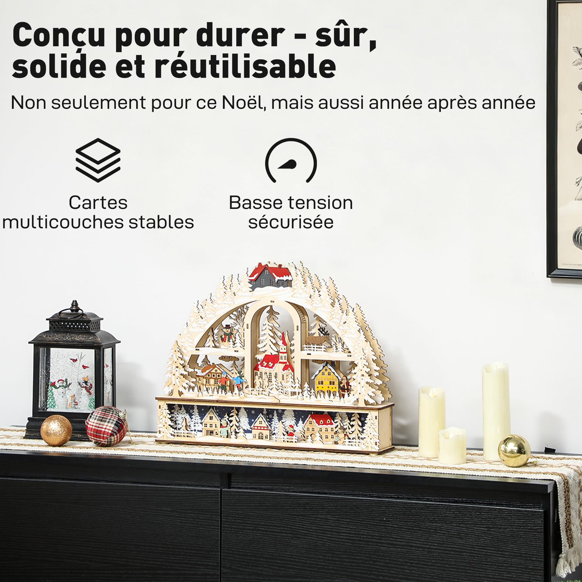 HOMCOM Village de Noël Lumineux 20 LED Animé 45 x 10 x 35 cm Bois Naturel | En Arc à 3 Niveaux, Effet Bois, Fonctionne sur Piles