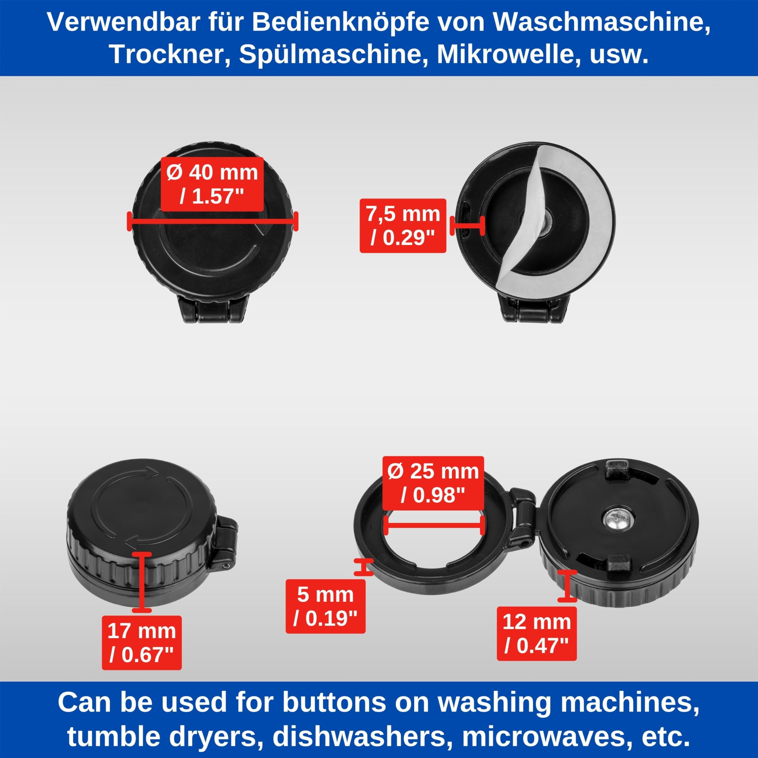 Osłona na pokrętła, 2 szt, do pokręteł Ø 25 x 5 mm, Czarna, do przyklejenia, do pokręteł kuchenki, pokrętła start-stop zmywarki, kuchenki mikrofalowej, blokada pokręteł dla dzieci do dużych urządzeń