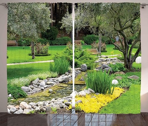 Ambesonne Cortinas de jardín, vista recreativa de estilo parque japonés con estampado de paisaje de estanque, hierba, piedras y árboles, para sala