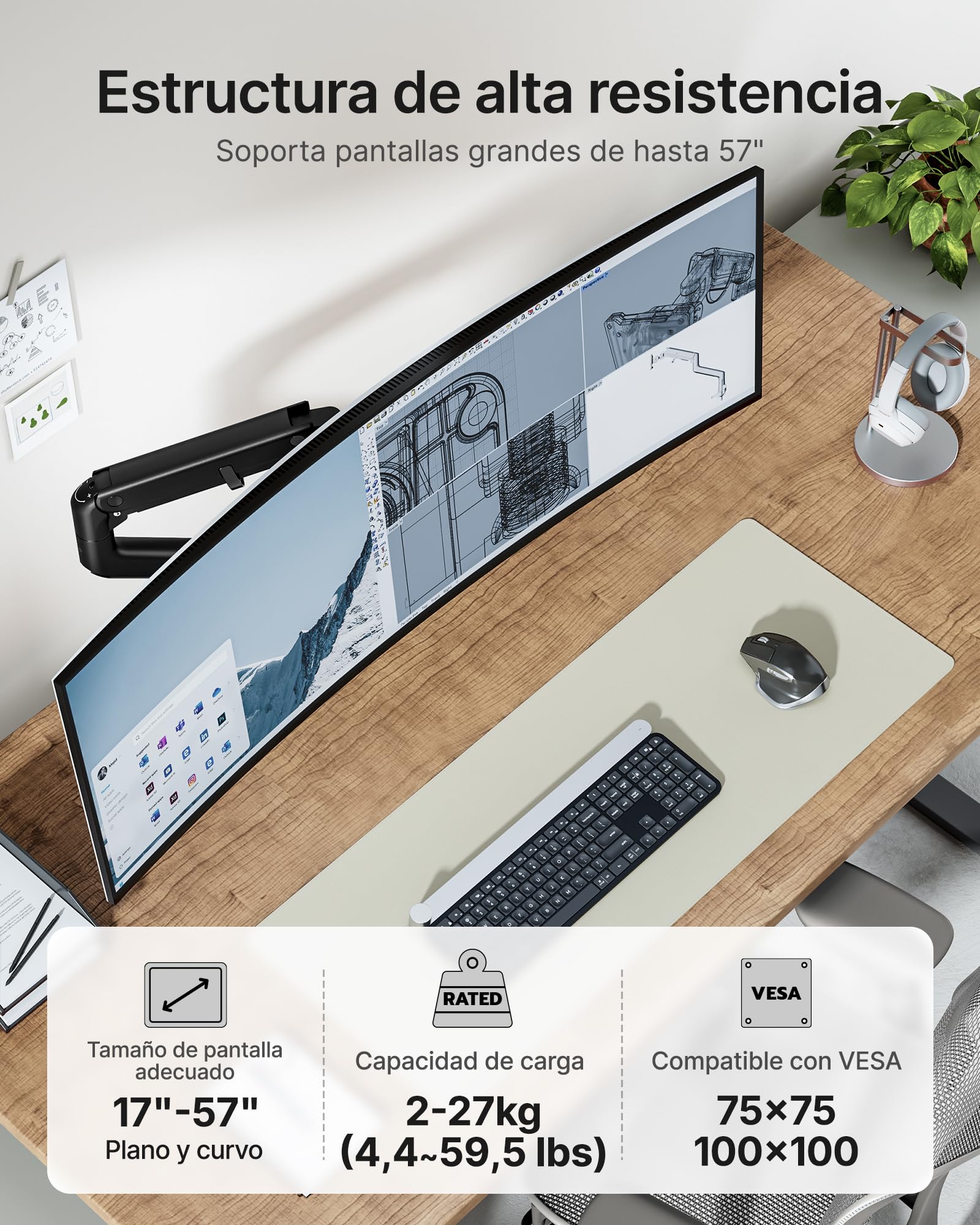 monTEK Soporte Monitor Reforzado para 17-57", hasta 27 kg | Brazo con resorte de gas, altura ajustable y movimiento completo para monitores ultrapanorámicos, VESA 75x75/100x100, negro.