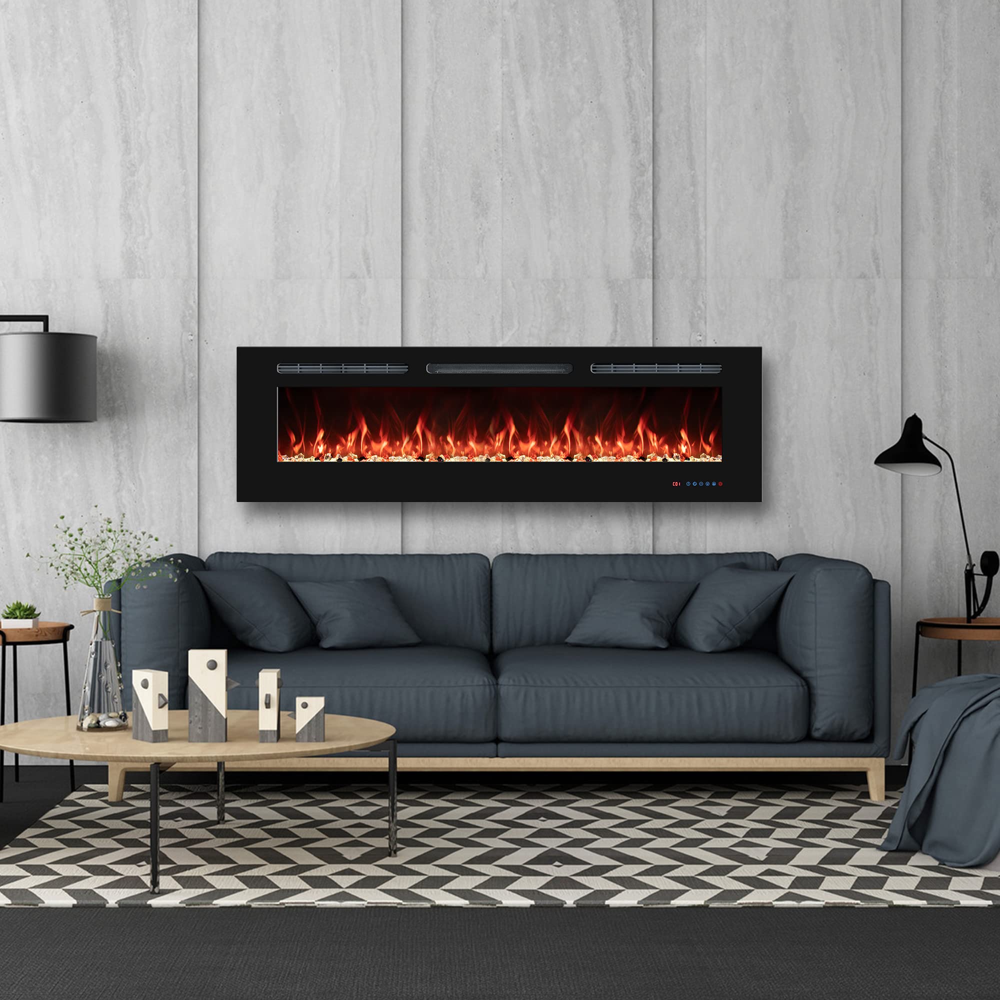 Chimeneas eléctricas de 65 pulgadas, calentador de chimenea empotrado y montado en la pared con termostato, llamas multicolores, temporizador, troncos y cristal, 750/1500 W, negro 7