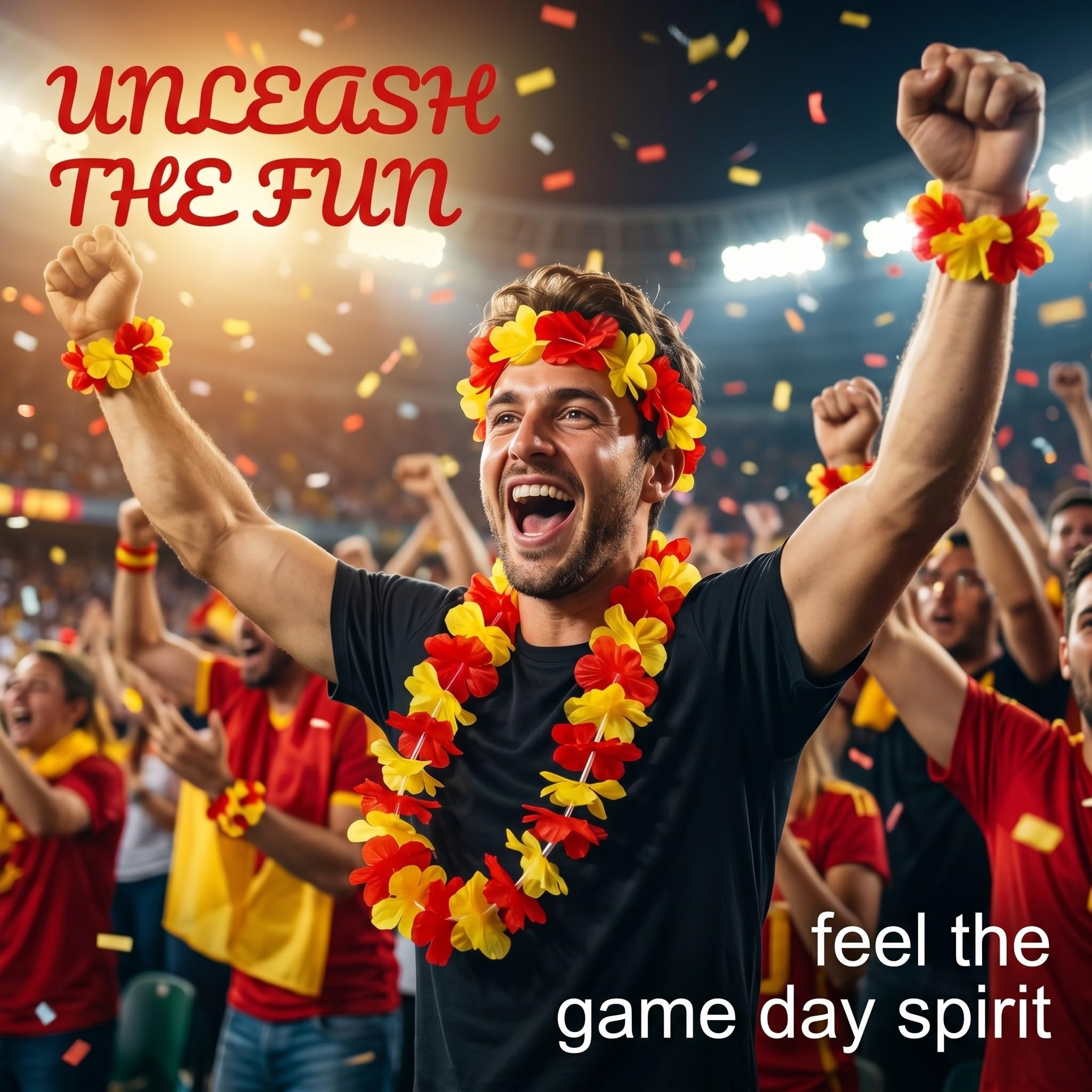 Lot de 3 Kits Supporter Football 12 Pièces, collier hawaien fleurs jaune et rouge, accessoire de fête pour fans de football, 3 colliers, 3 serre-têtes et 6 bracelets
