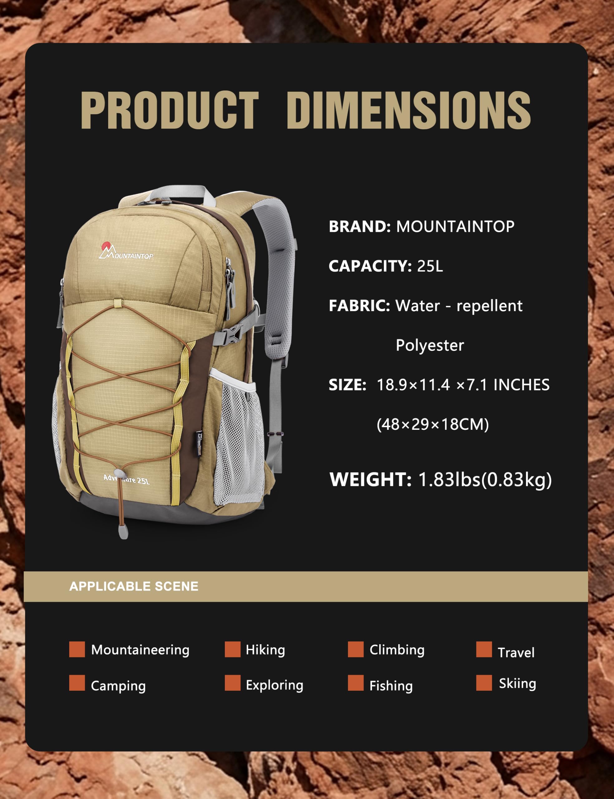 Mountaintop Sac à dos de randonnée pour homme et femme - 25 l/40 l, 25 l, café, 25L | Sac à dos de trekking YKK avec housse de pluie pour camping, voyage, voyage