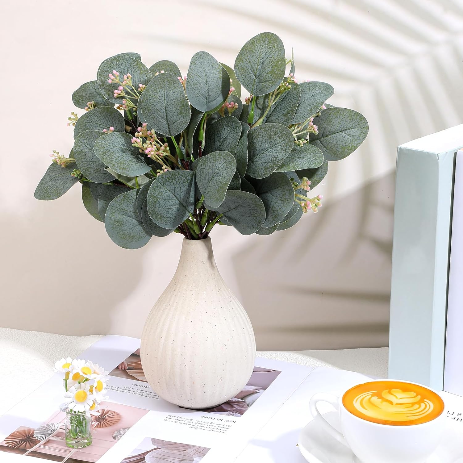 15 Pack Eucalyptus Stems, 11.4Inch Faux Eucalyptus Leaves Stems with Pink Seeds Artificial Silver Dollar Leaves for Wreath Garlan Wedding Bouquets Flower Arrangements - Image 3